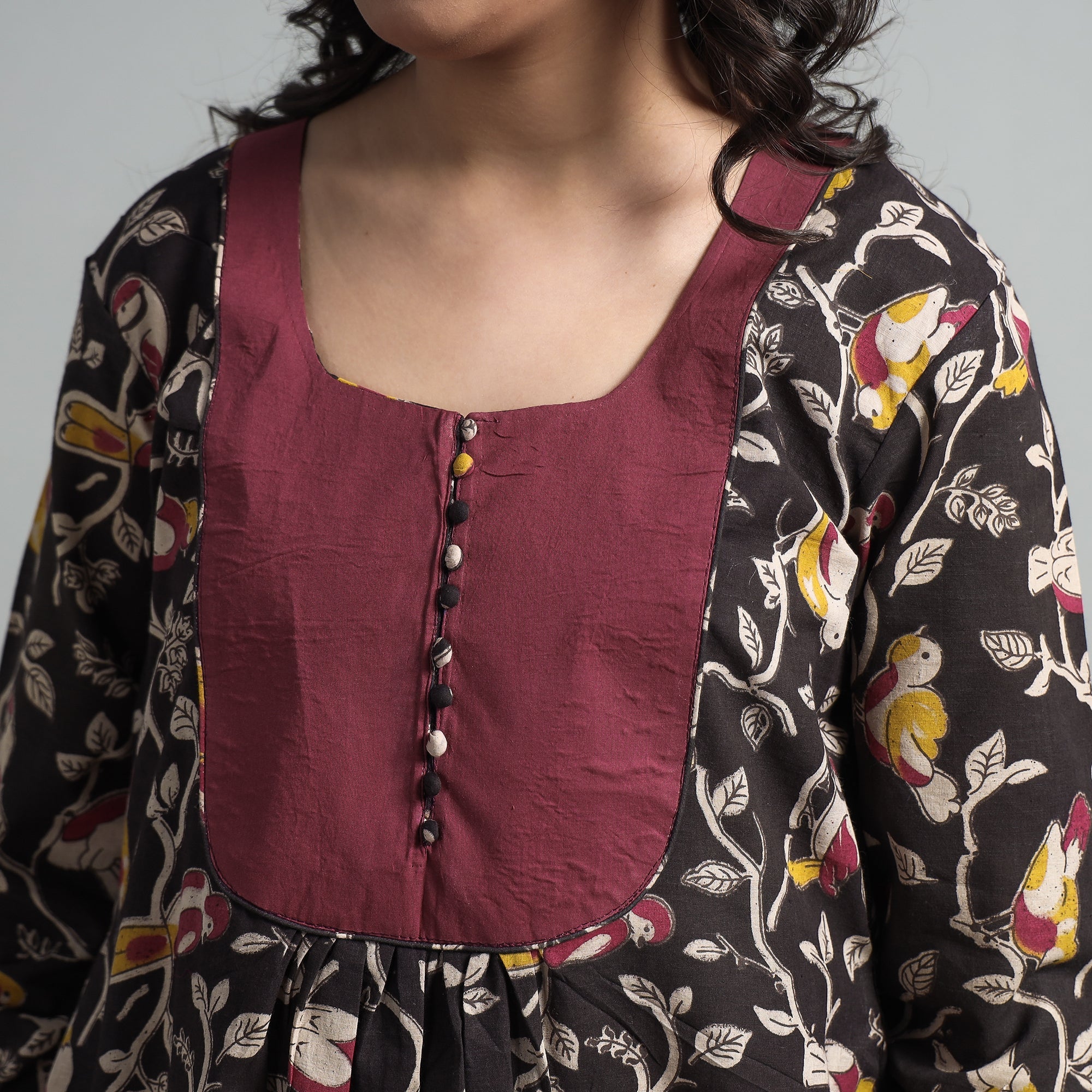 ITOKRI CASUALS Black - Kalamkari Printed Cotton A-Line Long Kurta with Patchwork - view 5