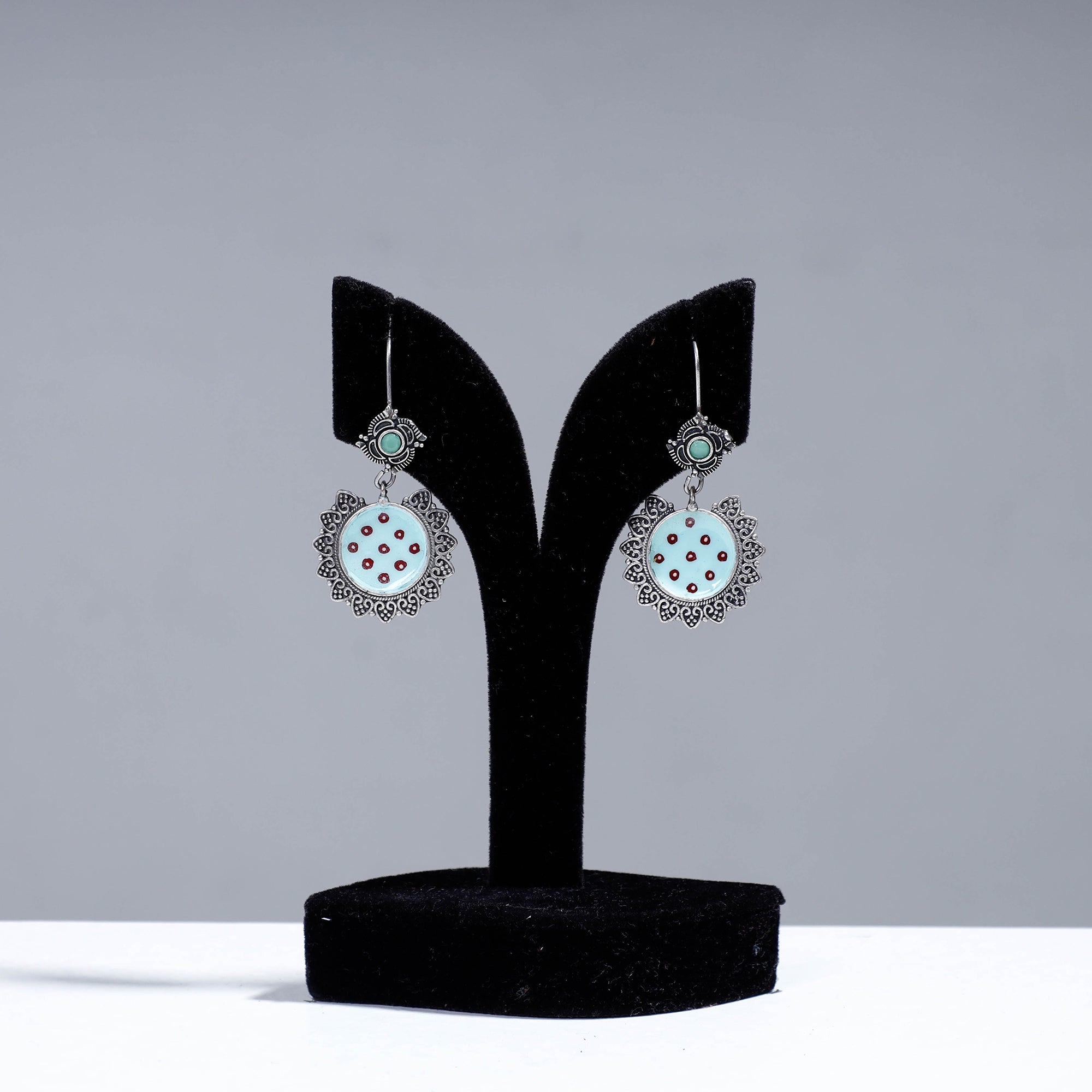 WHITE RIVER STORIES Antique Silver Finish Oxidised Brass Base Enamel Work Earrings