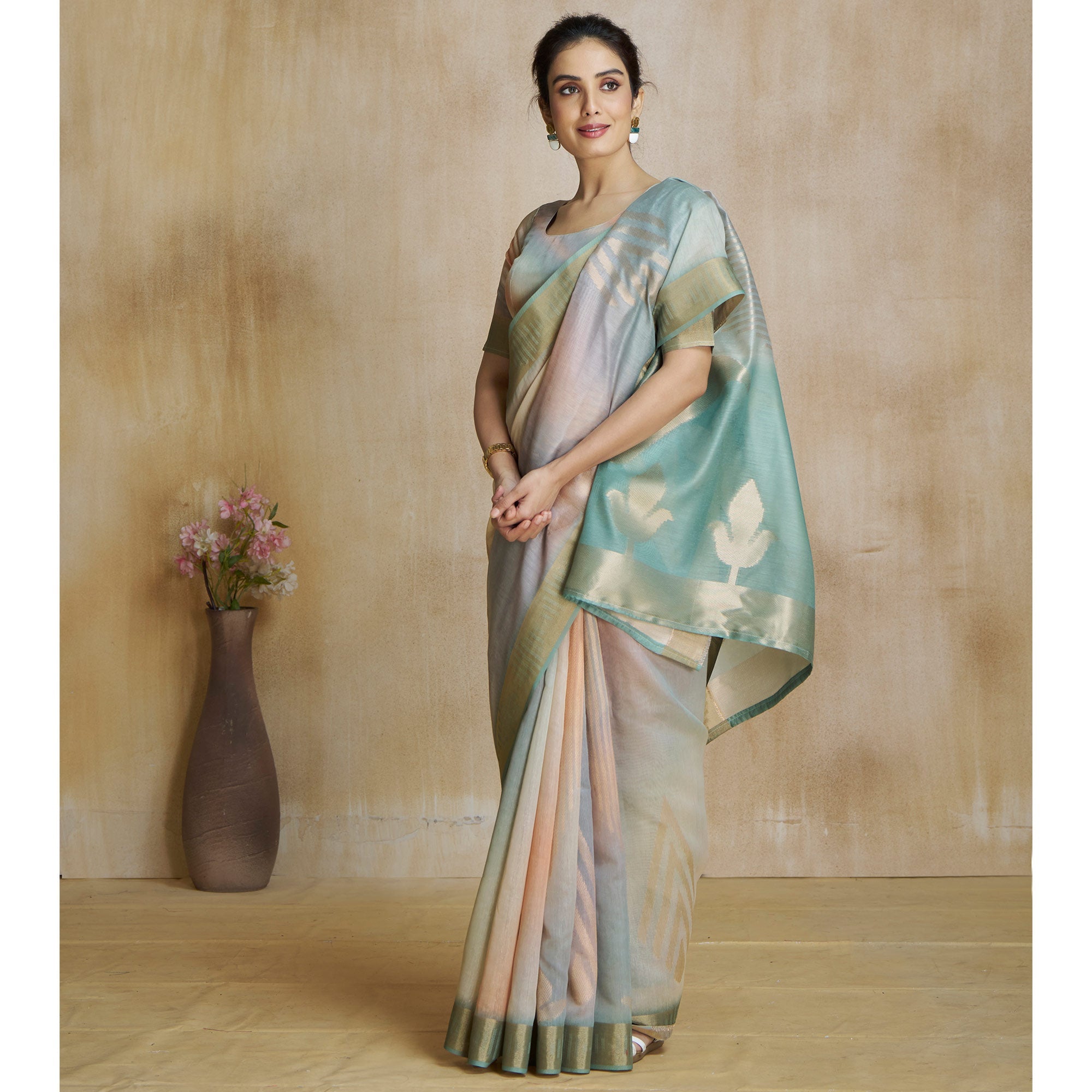 Peachmode Sea Green Digital Printed With Woven Pure Silk Ombre Saree - view 5