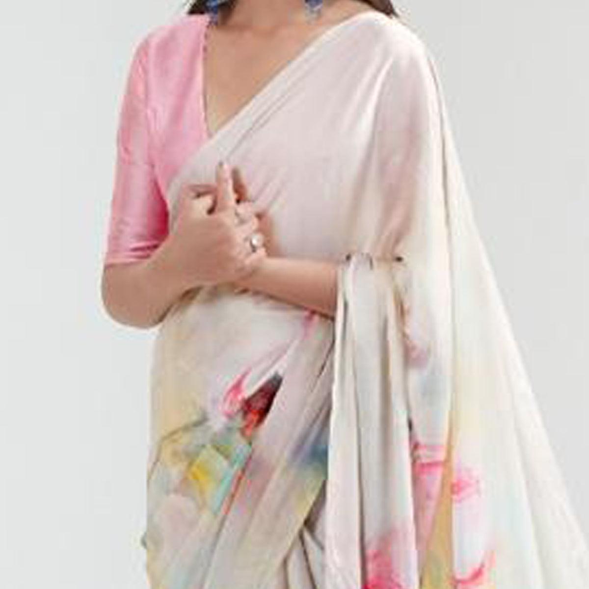 Peachmode Gleaming Off White Coloured Casual Wear Digital Printed Satin Saree - view 2