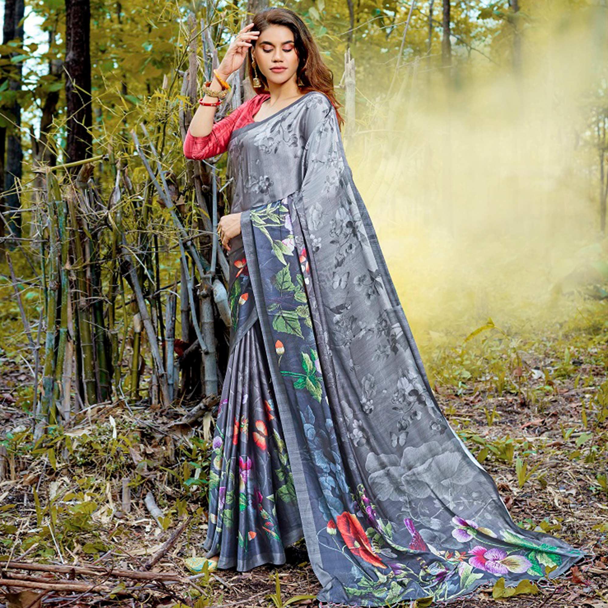 Peachmode Intricate Gray Colored Casual Digital Printed Satin Crepe Saree