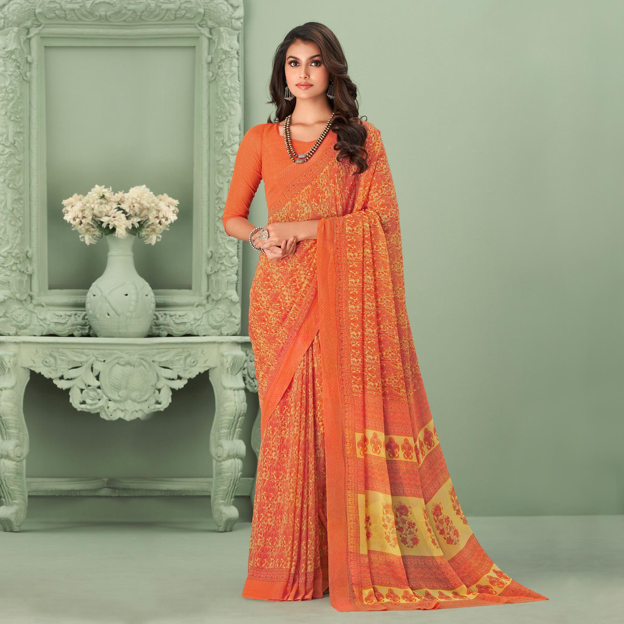 Peachmode Orange Printed Georgette Saree – Women's
