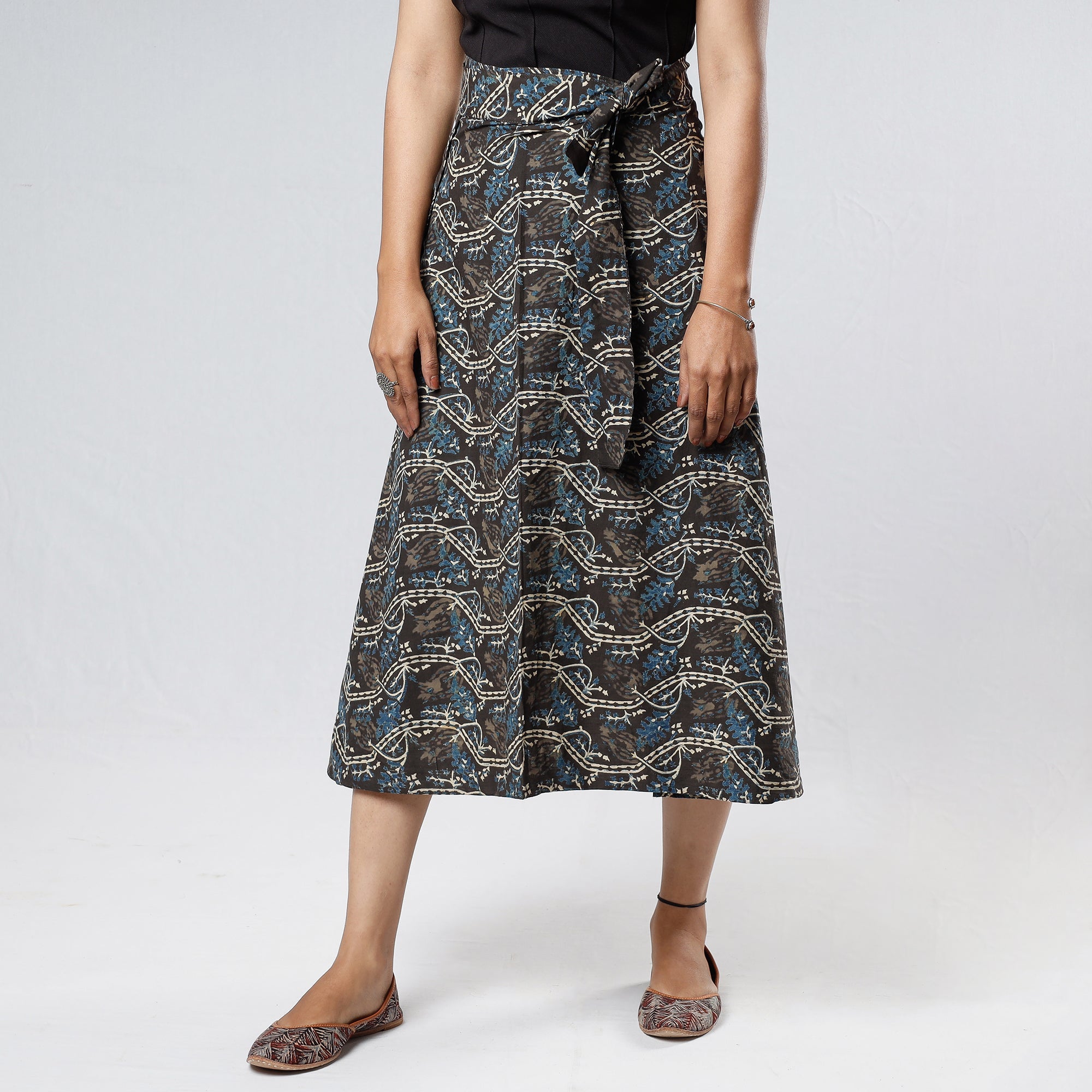 NOORI BAZAR Black - Ajrakh Block Printed Cotton Wrap Around Skirt
