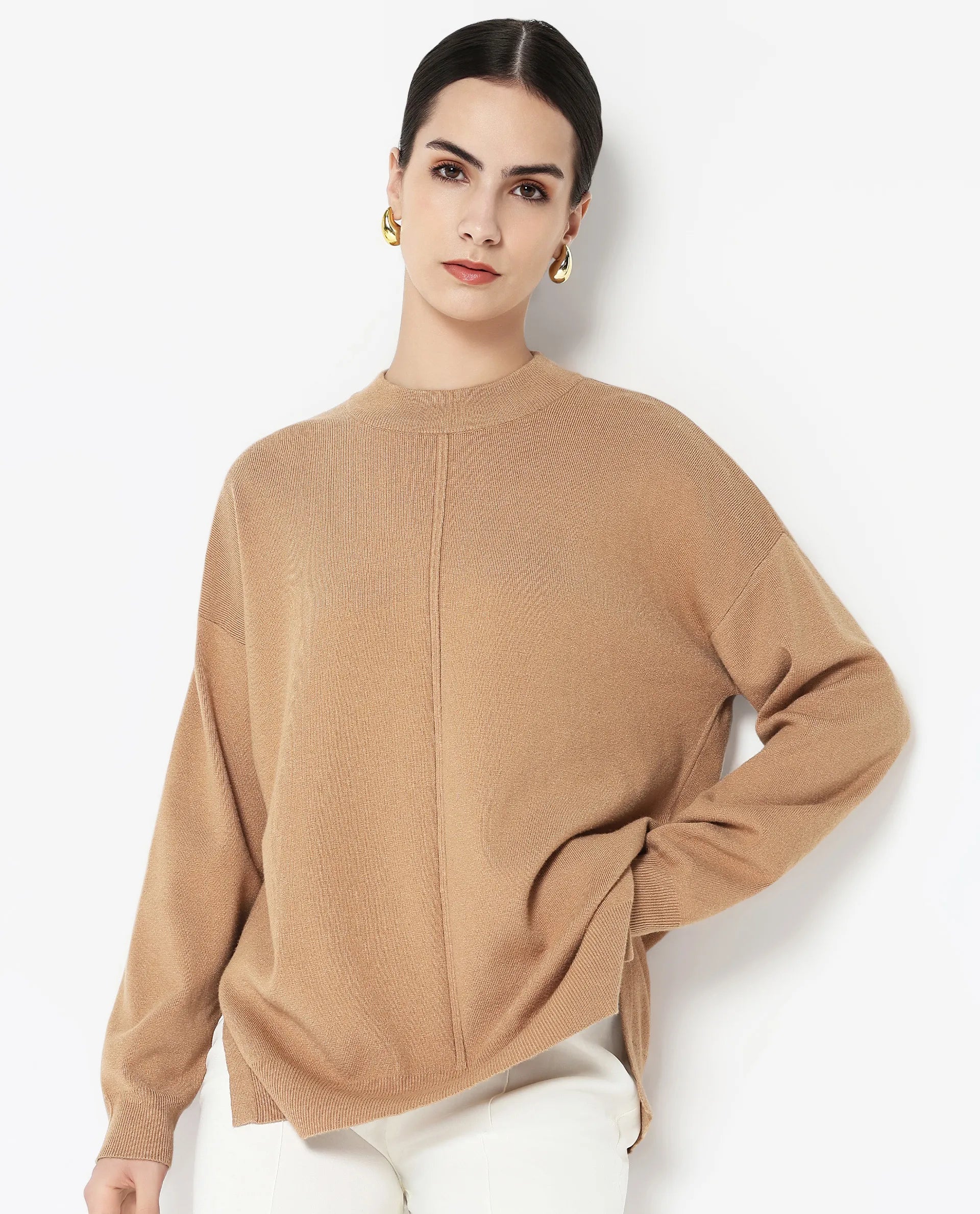 Rareism Women Omerli T Beige Oversized Fit Plain Sweater