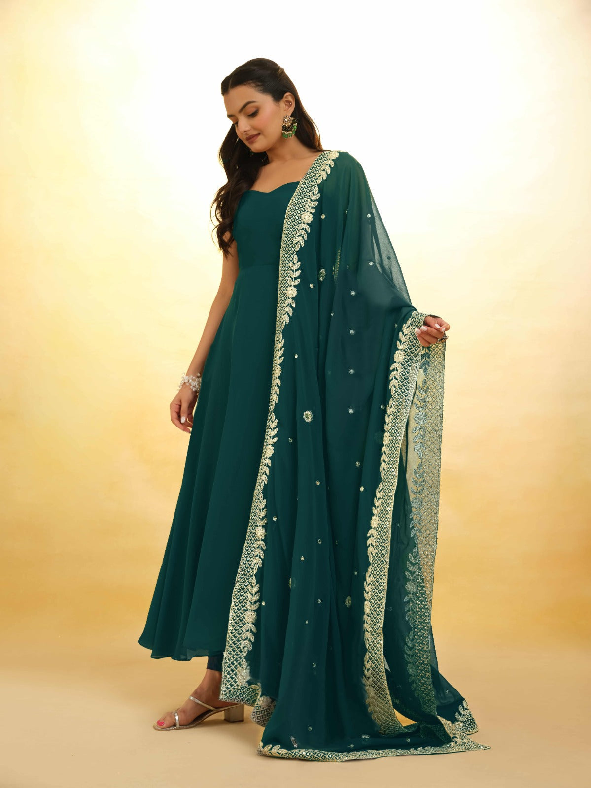 ClothsVilla Teal Color Stylish Turquoise Georgette Dress with Embroidery – Ready to Wear - view 2