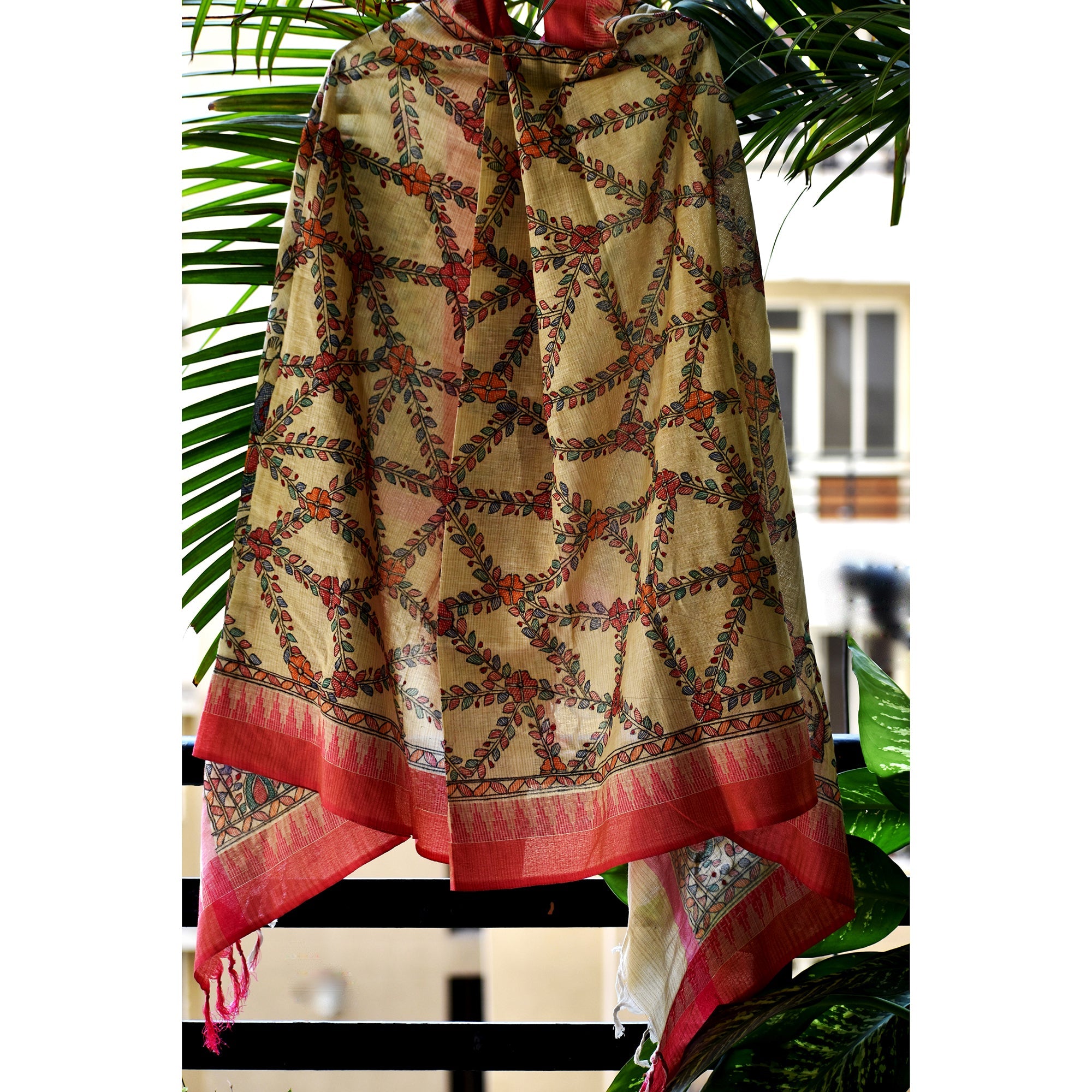 DIORAMA DESIGNS Beige - Madhubani Hand-Painted Cotton Dupatta