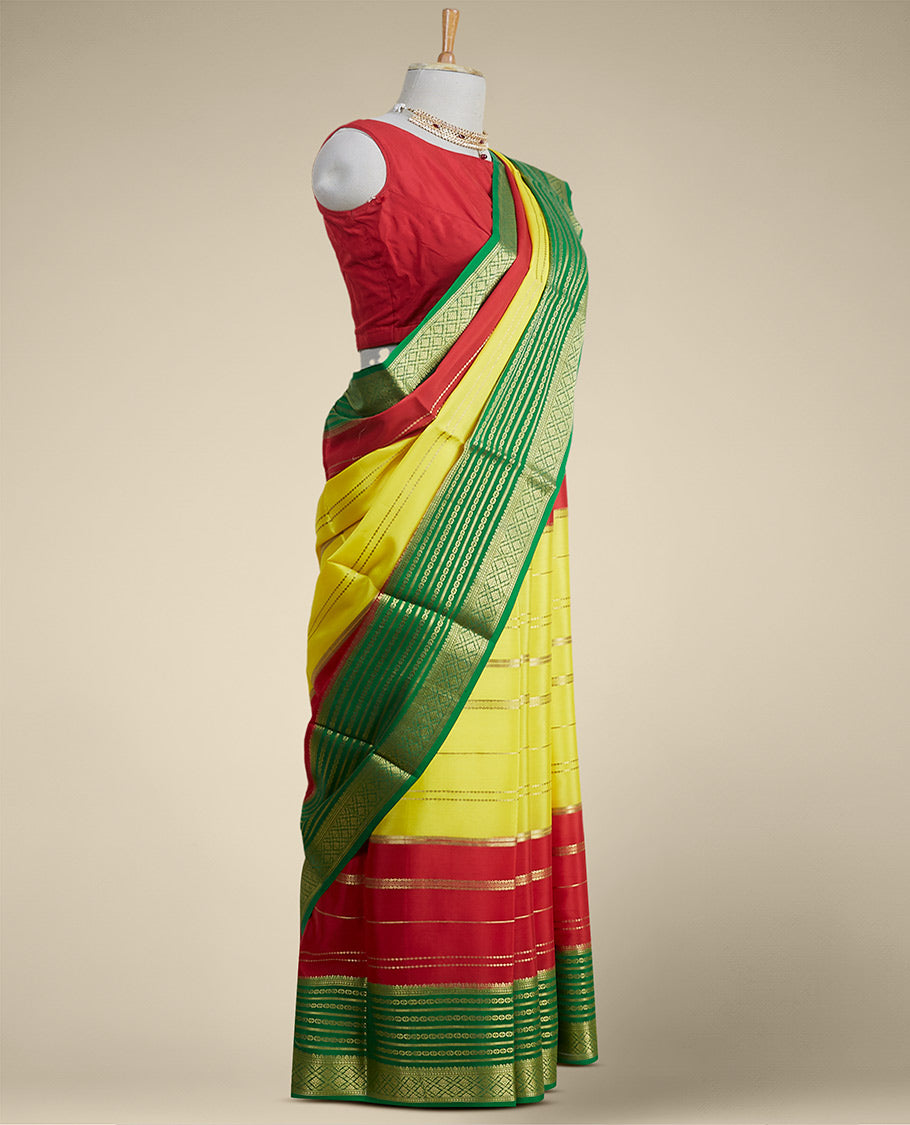 Pothys Yellow striped design mysore silk sare with contrast traditional zari border - view 2