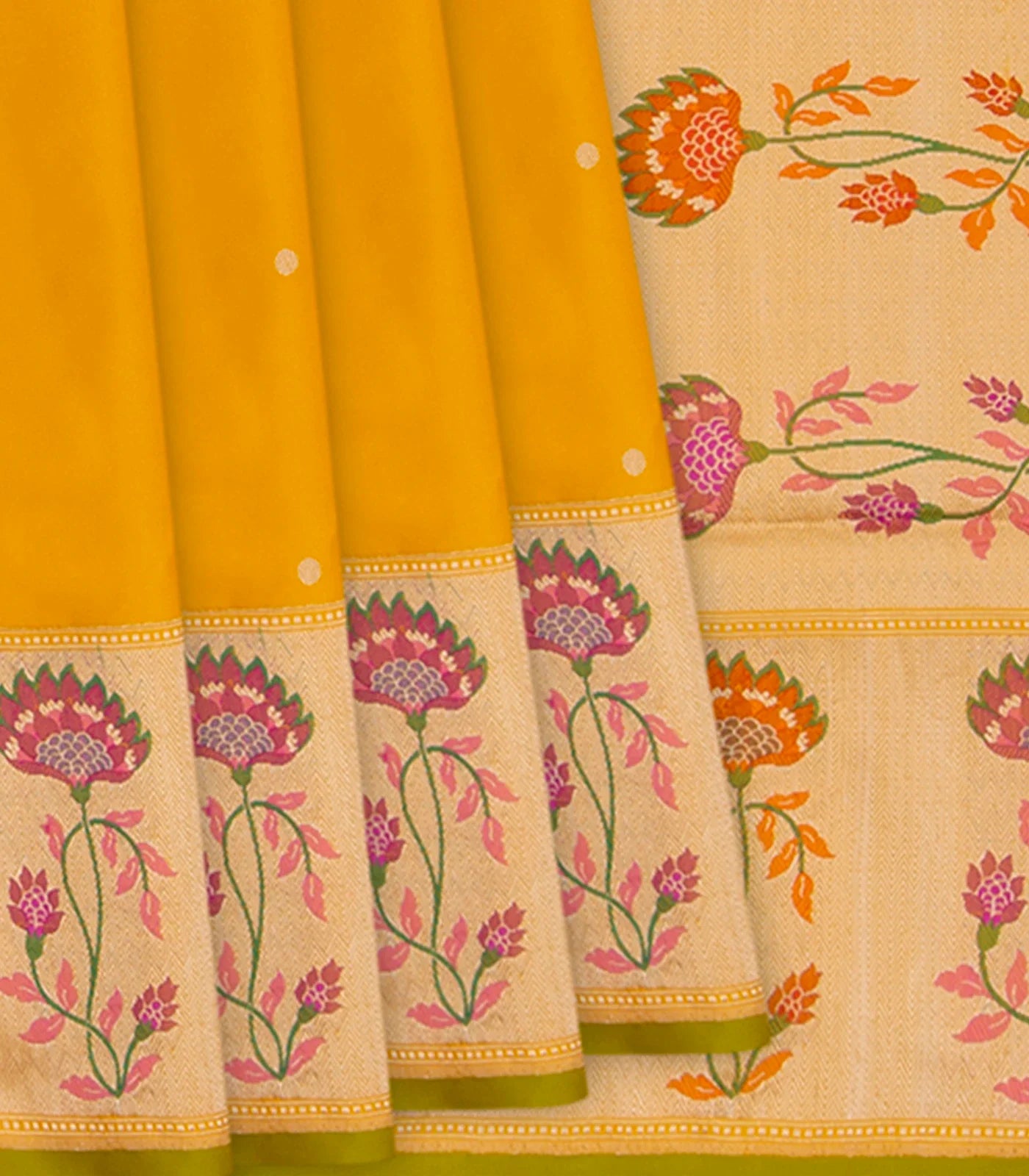 RmKV Mustard Handwoven Benarasi Silk Saree With Micro Butta & Flower Motifs in Meena Border & Pallu-Mustard