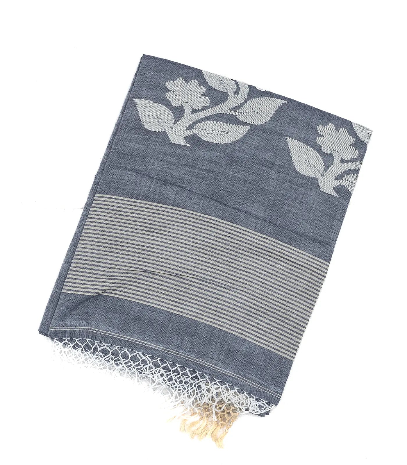 RmKV Grey Handloom Bengal Cotton Saree With Flower Buttas