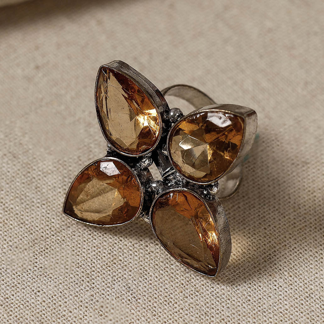 WHITE RIVER STORIES Antique Silver Finish Oxidised Brass Base Stone Work Ring (Adjustable) - view 2