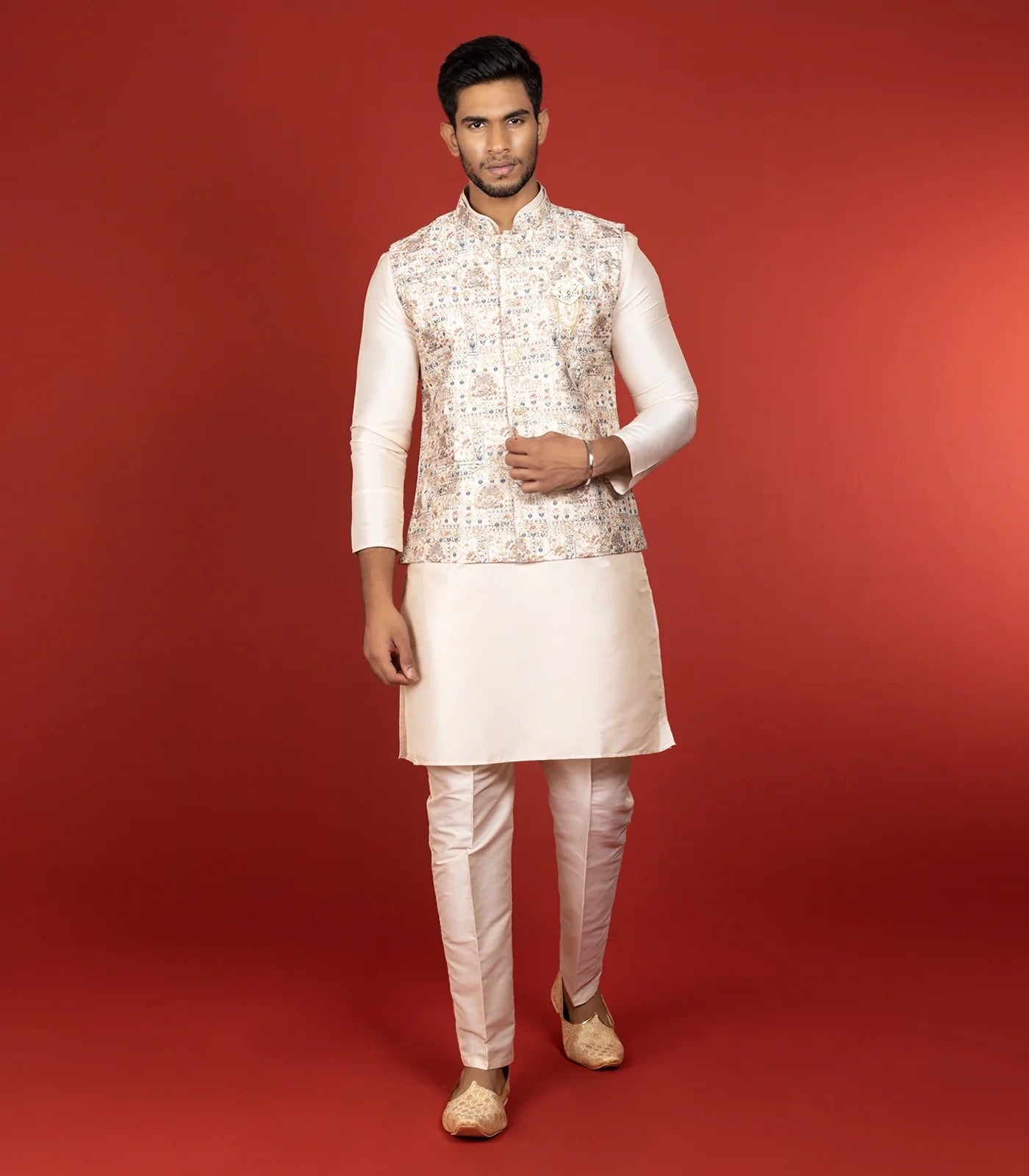 RmKV Cream Three Piece Kurta Set With Straight Fit Pants And Nehru Jacket-Cream