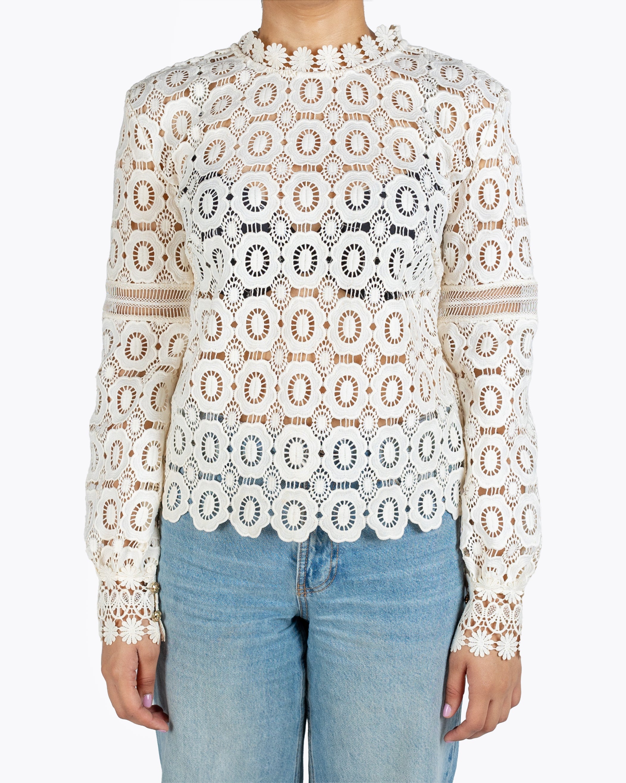 Self-Portrait Long Sleeved Crochet Lace Top in White - view 3