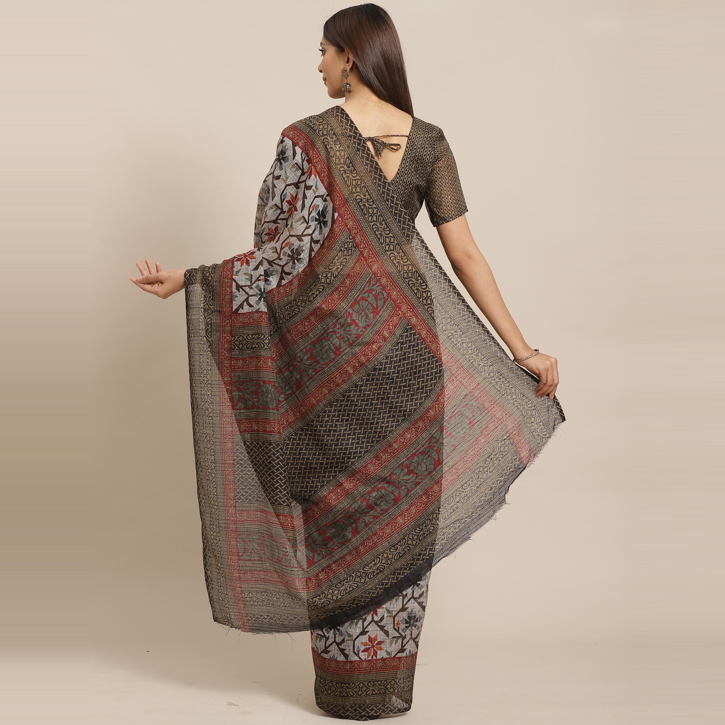 Peachmode Intricate Grey - Black Colored Casual Wear Printed Silk blend Saree - view 5