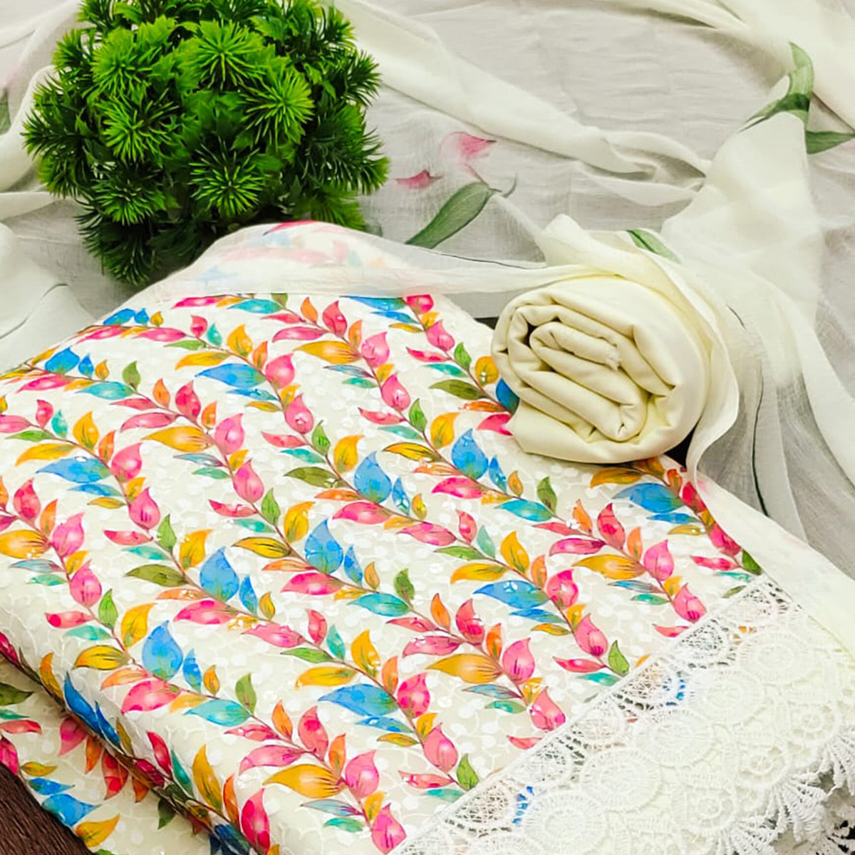 Peachmode Cream Schiffli Embroidered With Digital Printed Georgette Dress Material - view 2