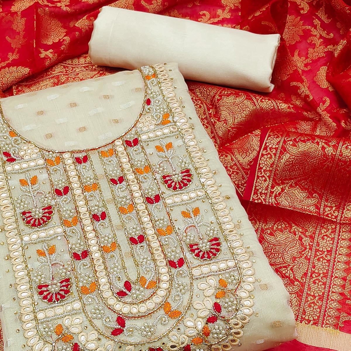 Peachmode Cream Woven With Handwork Banarasi Silk Dress Material - view 2