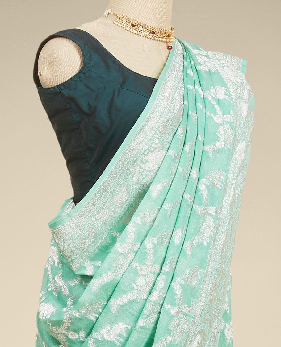 Pothys Green leaf motifs banaras georgette saree with traditional zari border