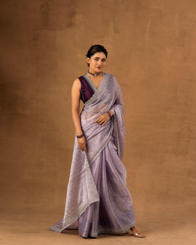 Shubh Nemesis Lavender Embroidery Work Organza Silk Saree With Glamorous Blouse Piece