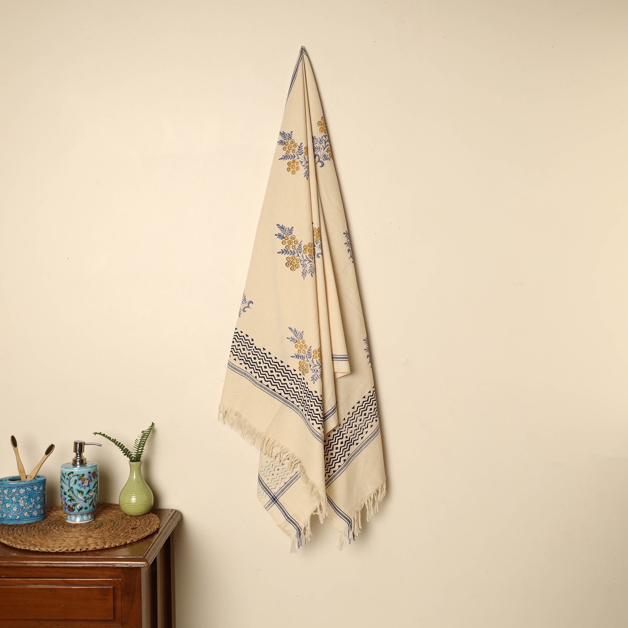 ARTISAN HAND BLOCK PRINTS Beige - Block Printed Handloom Cotton Sanganeri Towel 37