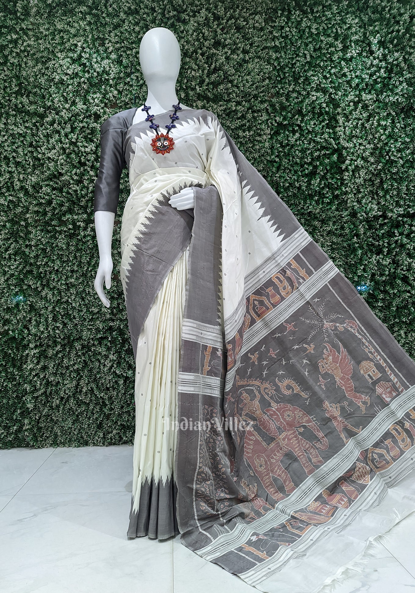 IndianVillèz Off White with Silver Zari (Tissue) Phoda Kumbha Sambalpuri Silk Saree