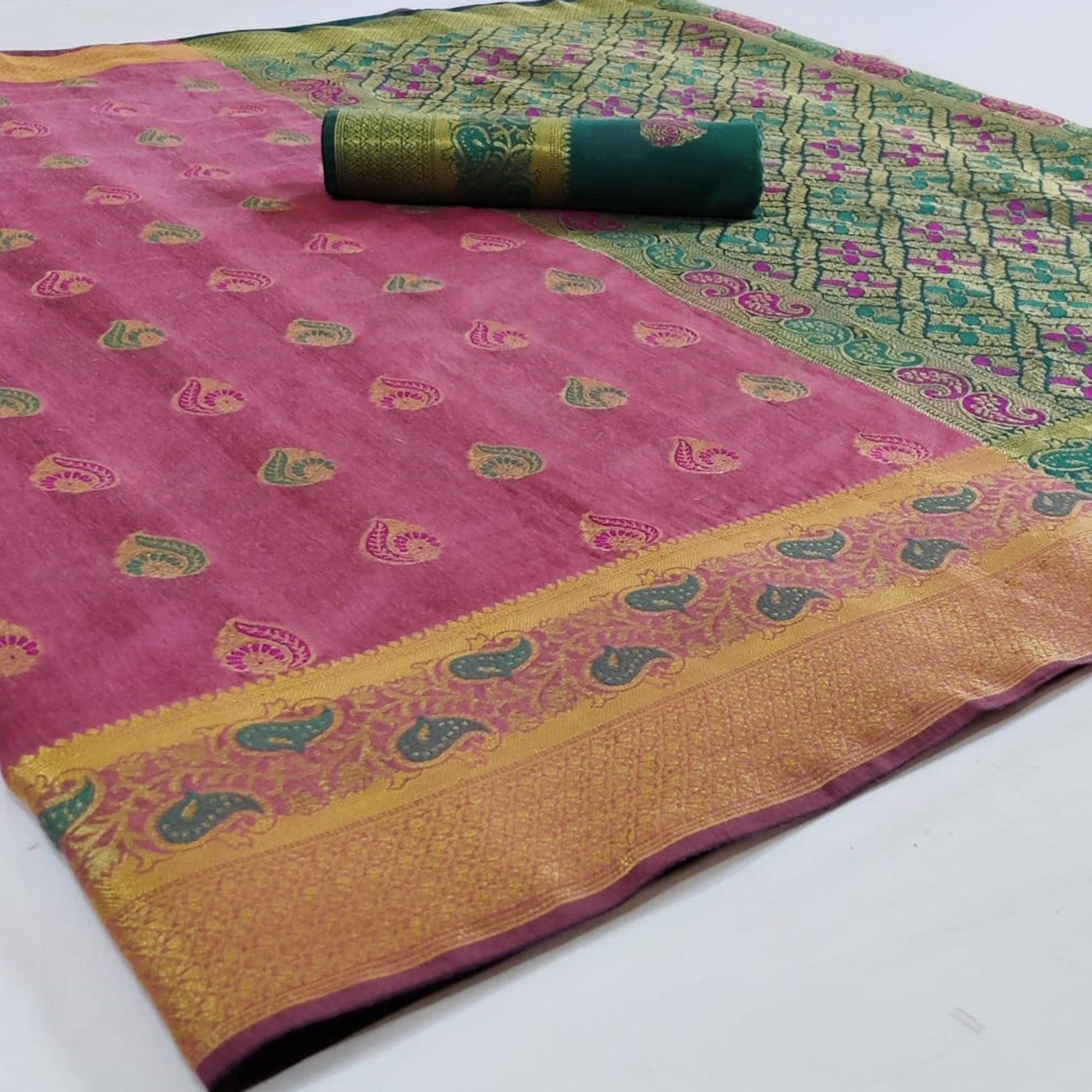 Peachmode Energetic Pink Colored Festive Wear Woven Cotton Saree
