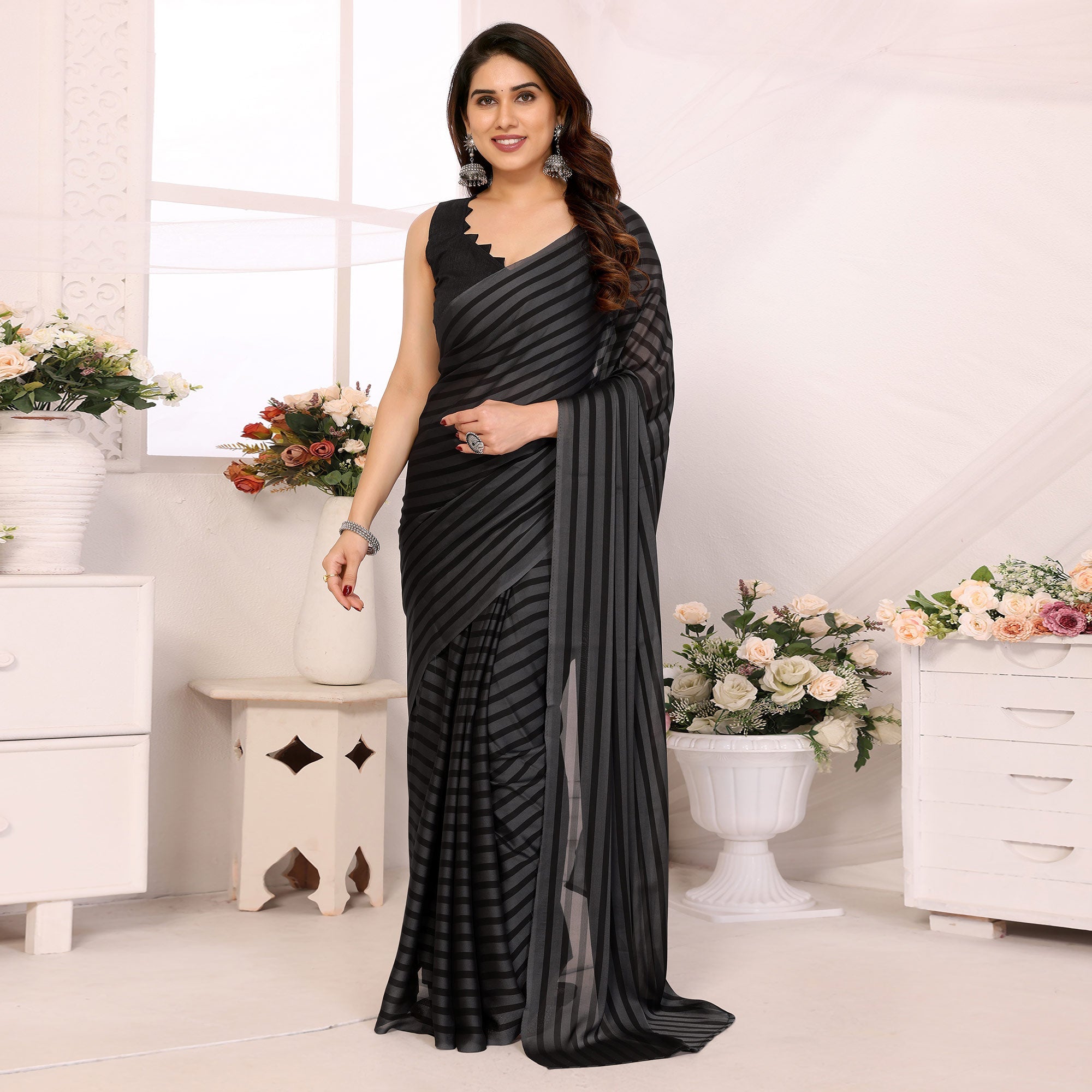 Peachmode Seller Grey Striped Printed Georgette Ready To Wear Saree - view 2