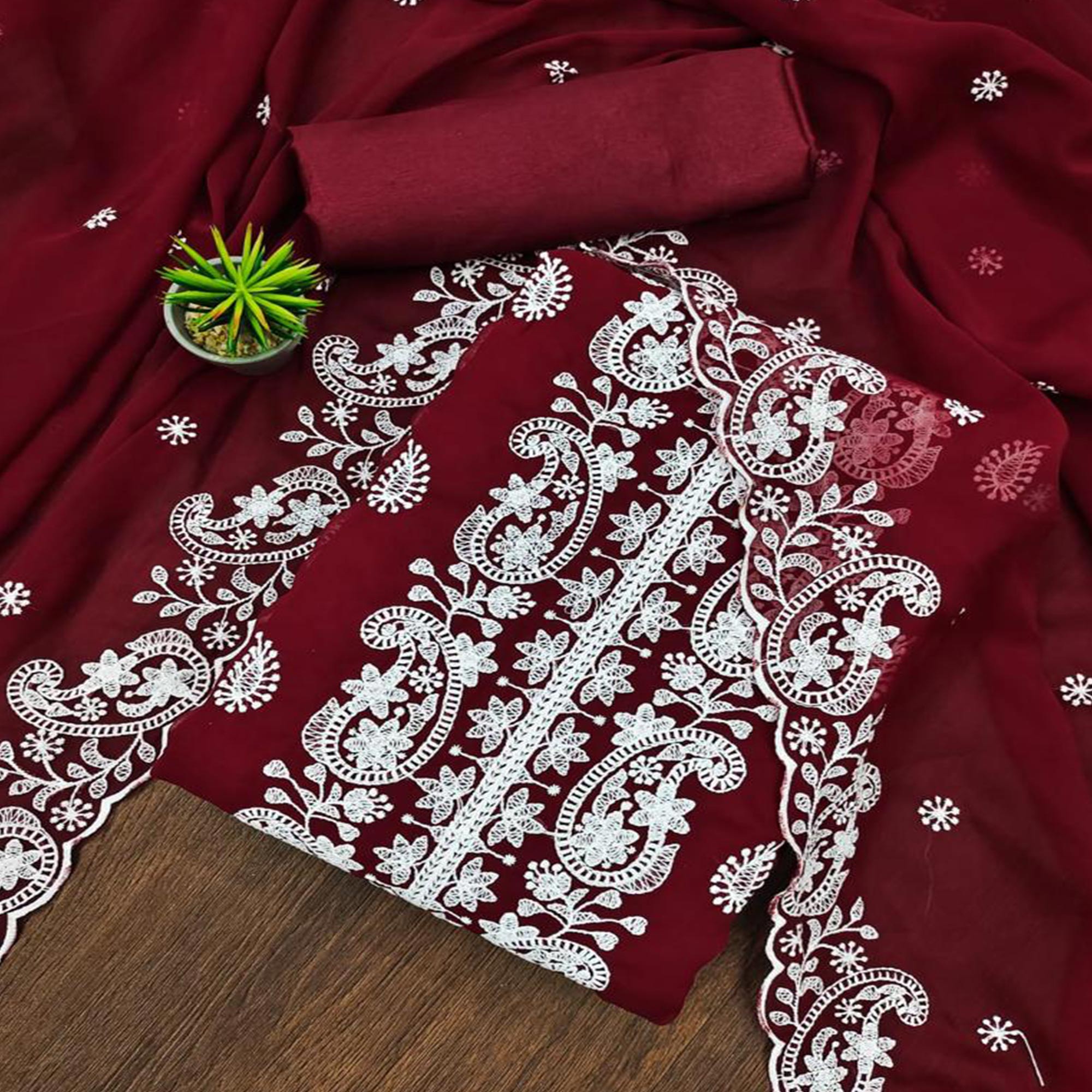 Peachmode Maroon Embroidered Georgette Dress Material