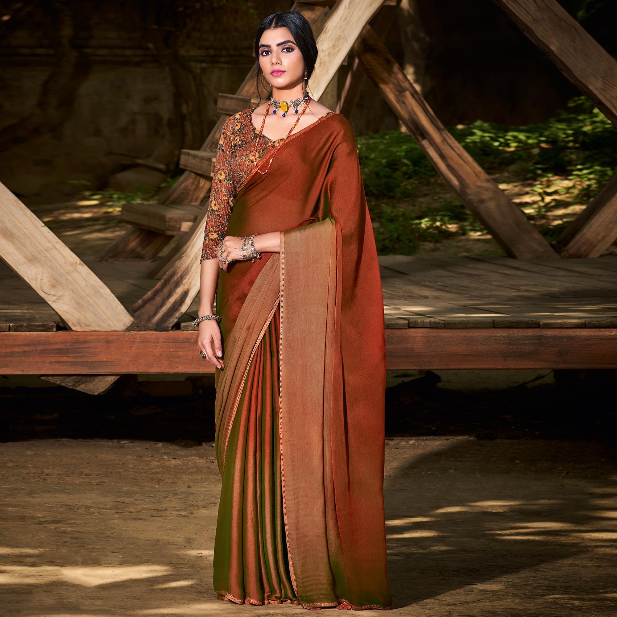 Peachmode Brown Solid Chiffon Saree – Women's