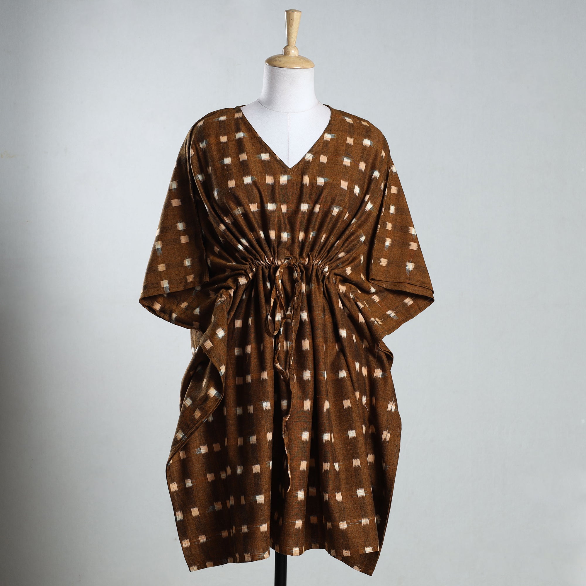 CHUTNEY CRAFT STUDIO Brown - Ikat Weave Cotton Kaftan with Tie-Up Waist (Medium)