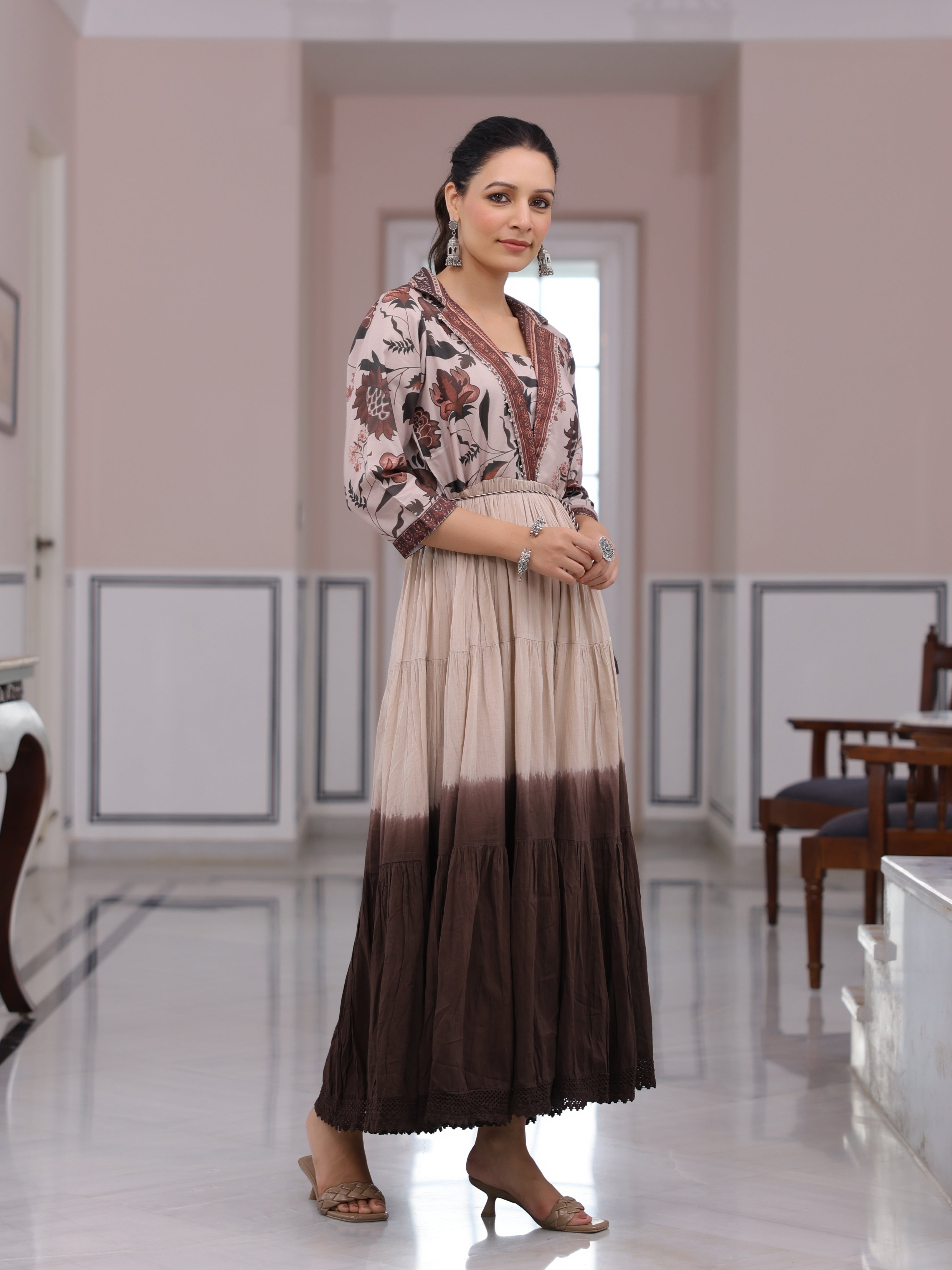 Fashor Floral Printed Ombre Dyed Pearl Beading Embellished Tiered Dress - Beige & Brown - view 5