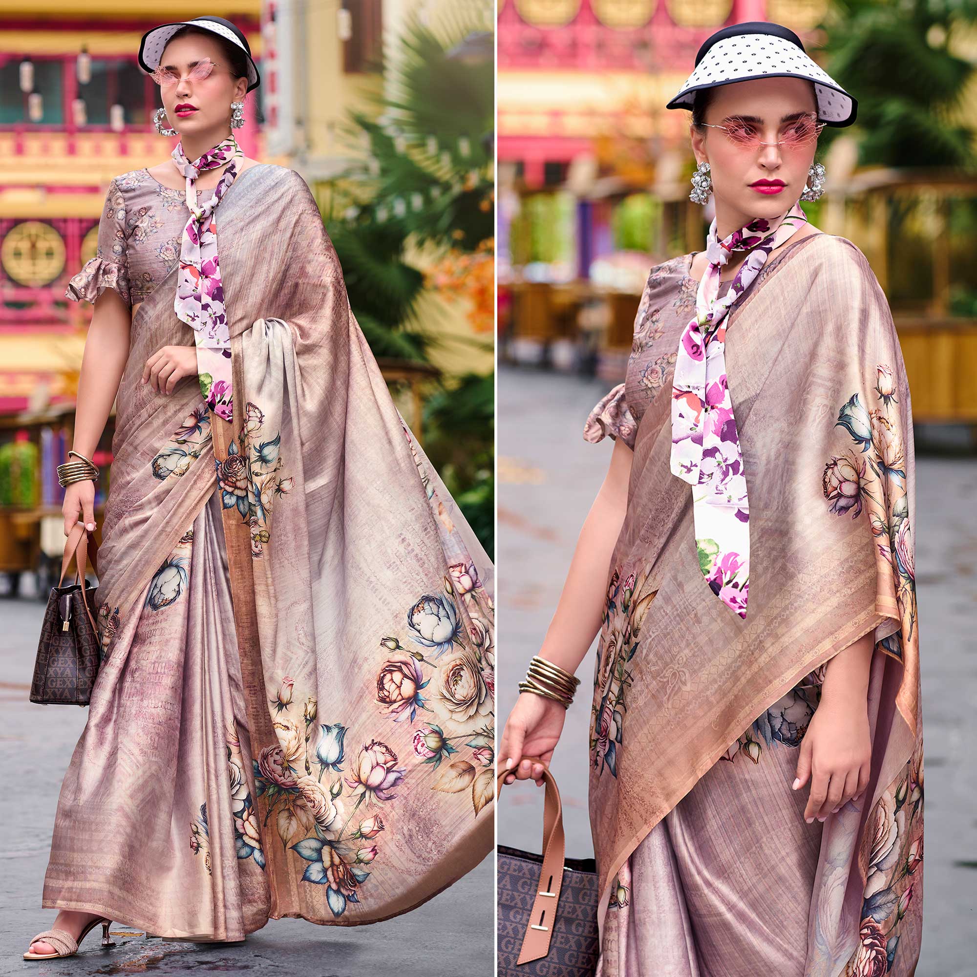Peachmode Dusty Rose Pink Floral Digital Printed Pure Satin Saree