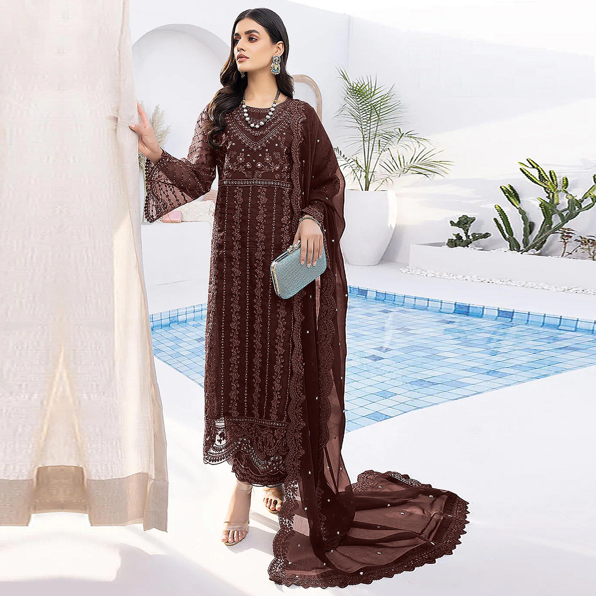 Peachmode Brown Floral Embroidered Organza Semi Stitched Suit - view 2