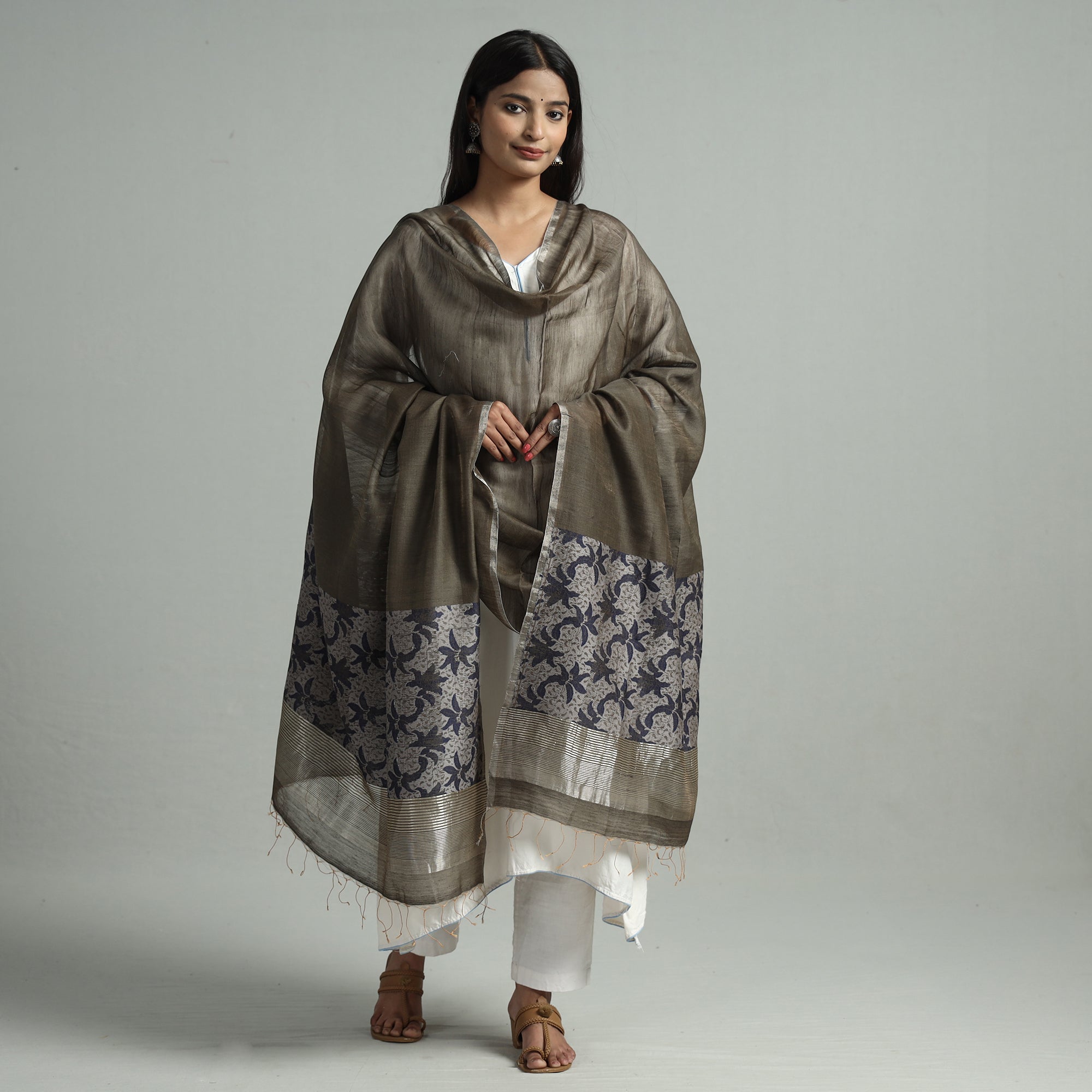 KHUSHBASH - HAPPY LOOM OF EAST Brown - Bengal Jamdani Handloom Katan Silk Dupatta with Tassels 18 - view 2
