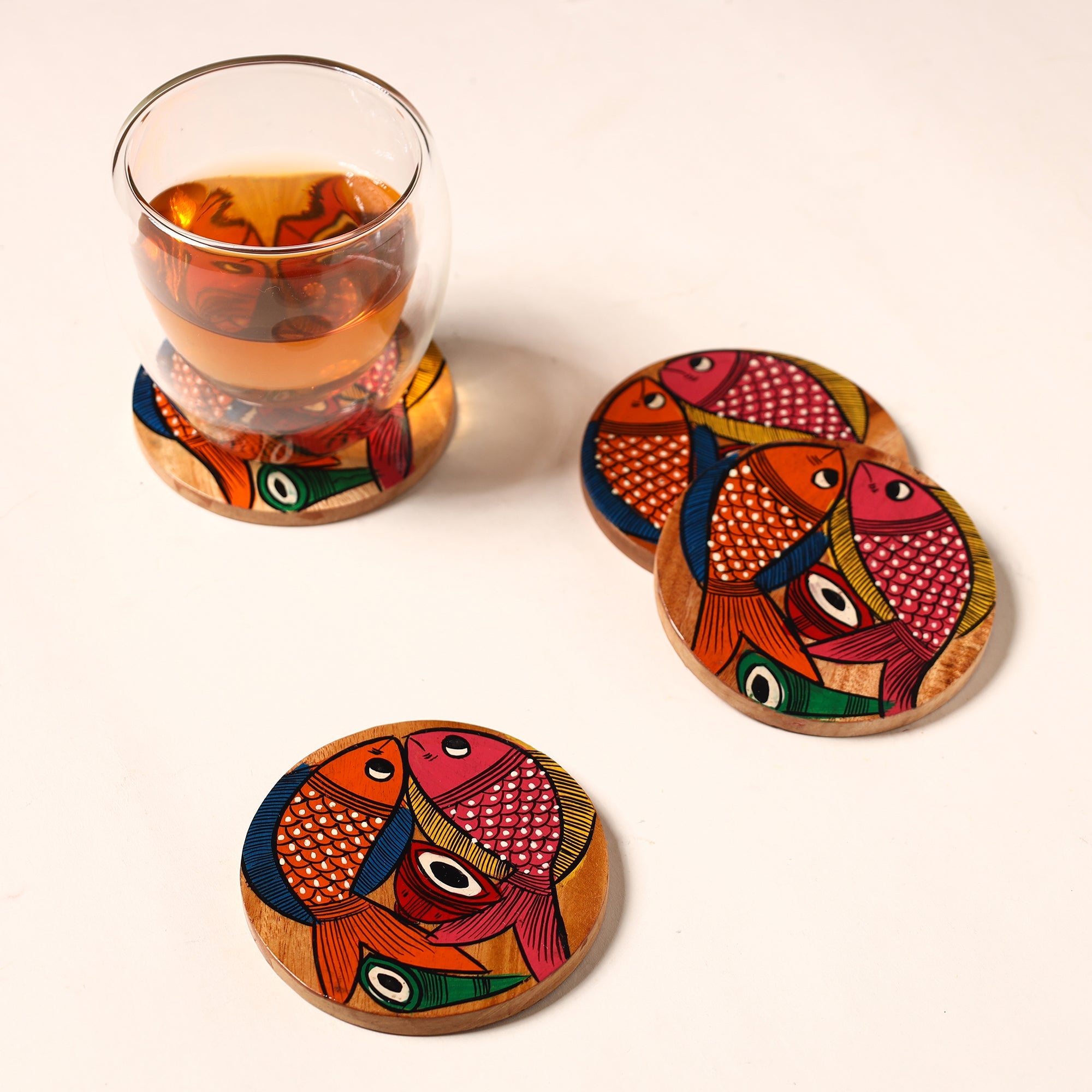 ITOKRI CRAFTS INITIATIVE Bengal Patua Handpainted Akashmoni Wooden Coasters (Set of 4) 39