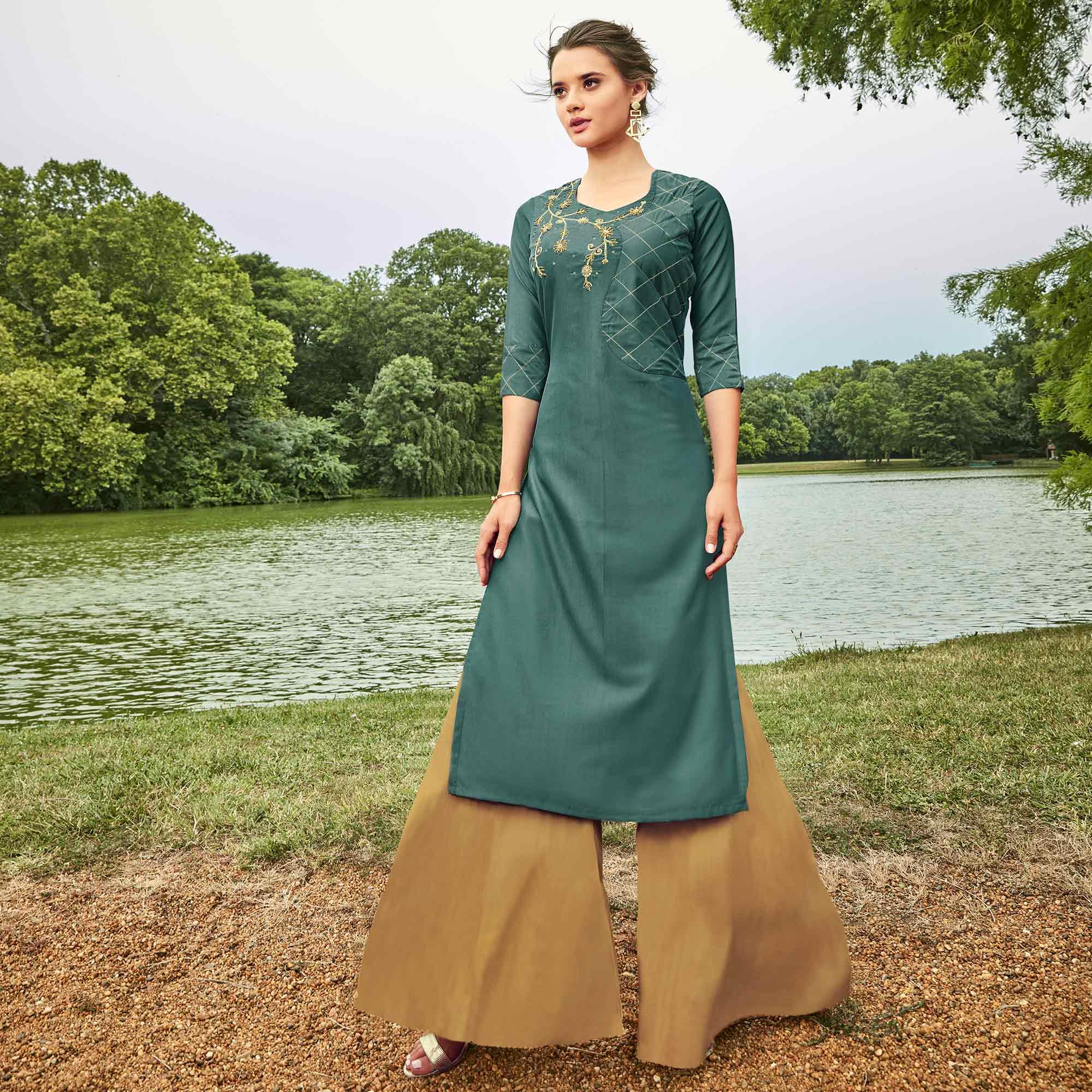 Peachmode Seller Lovely Teal Grey Colored Partywear Hand Embroidered Muslin Silk Kurti-Palazzo Set