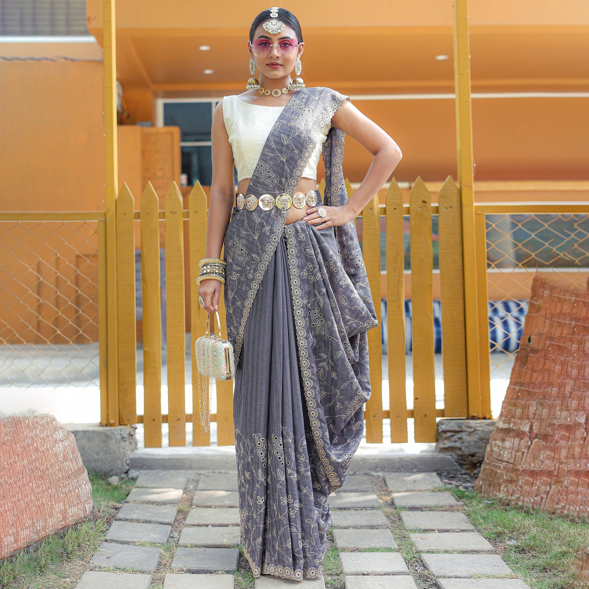 TASARIKA COUTURE Aaisha Grey Soft Silk Handwork Saree