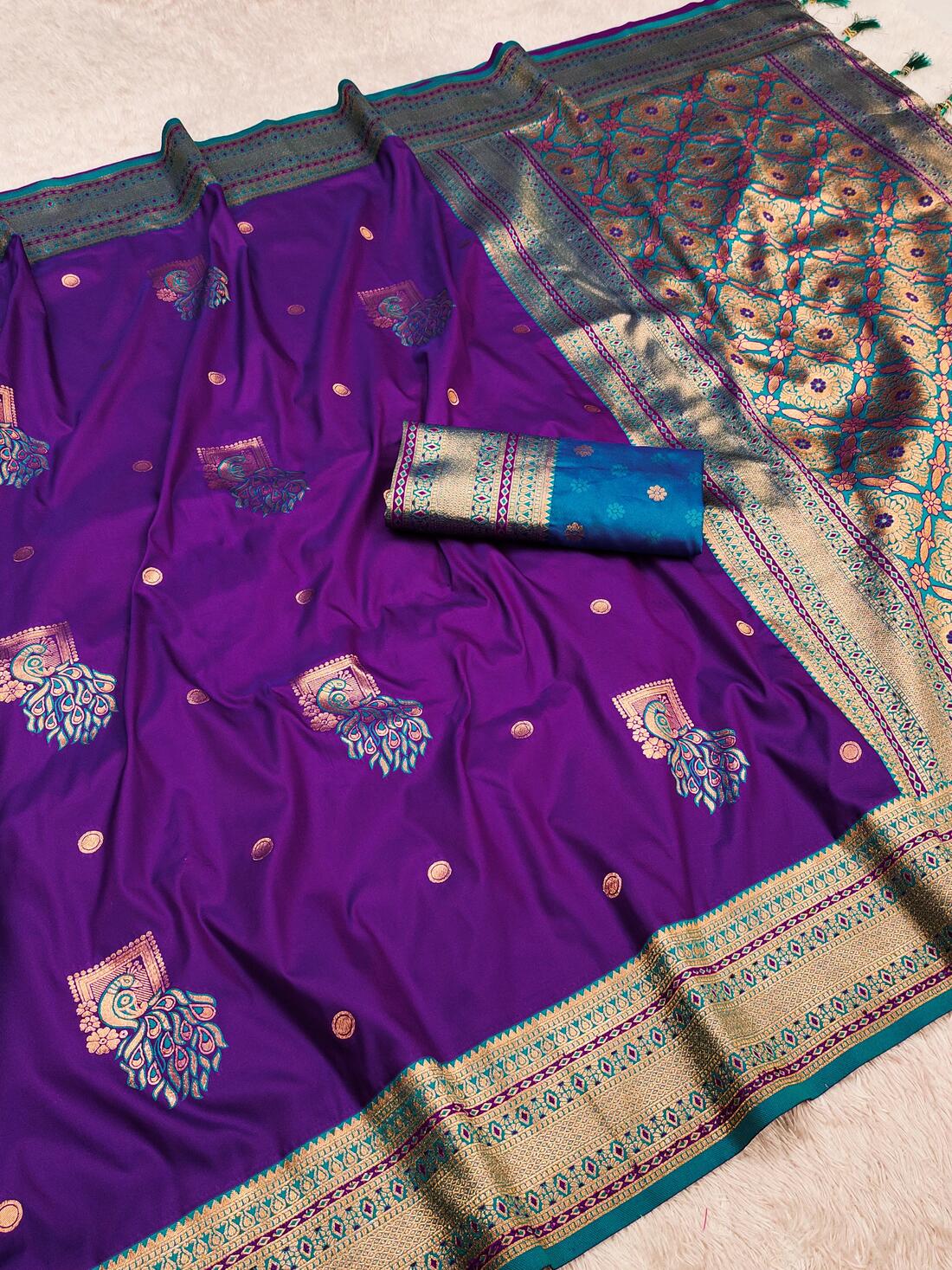 Murti-Bazzar-Banarasi Silk Lagniappe Purple Paithani Silk Saree With Assemblage Blouse Piece