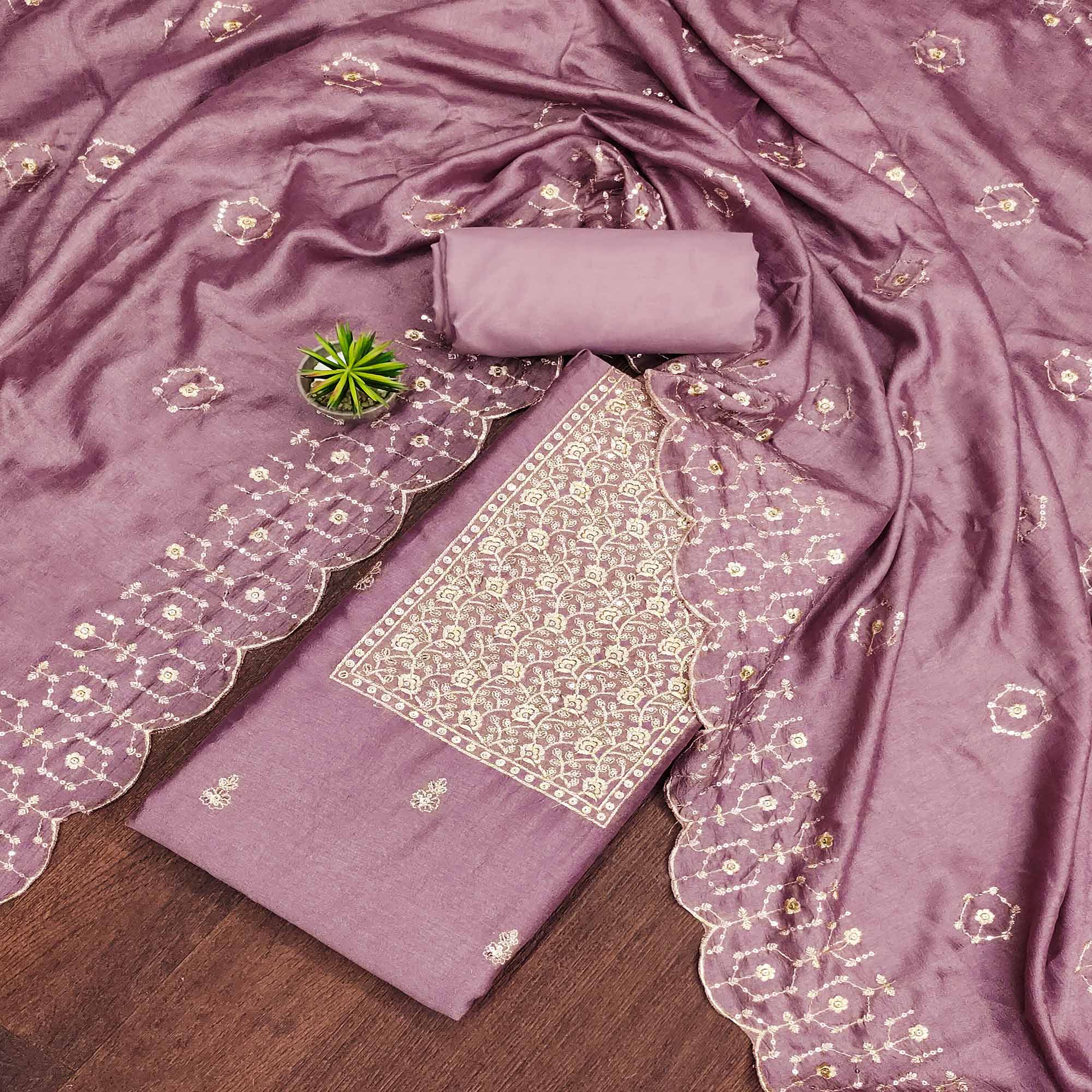 Peachmode Mauve Sequins Embroidered Chinon Dress Material