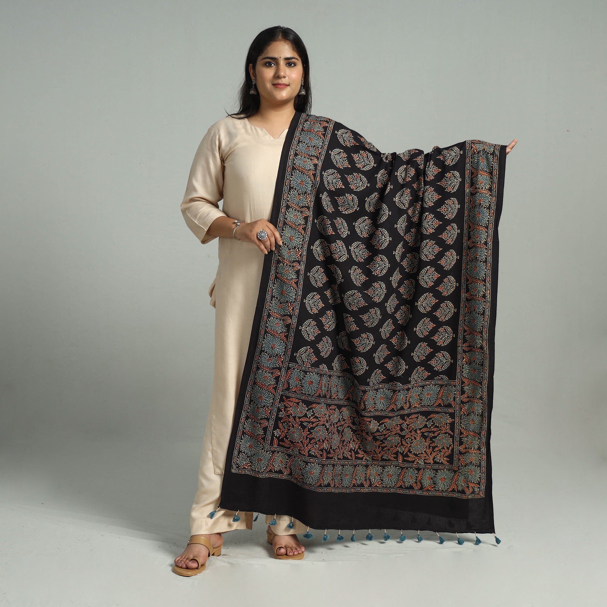 AJRAKH BY JABBAR KHATRI Black - Block Printed Cotton Ajrakh Dupatta 11