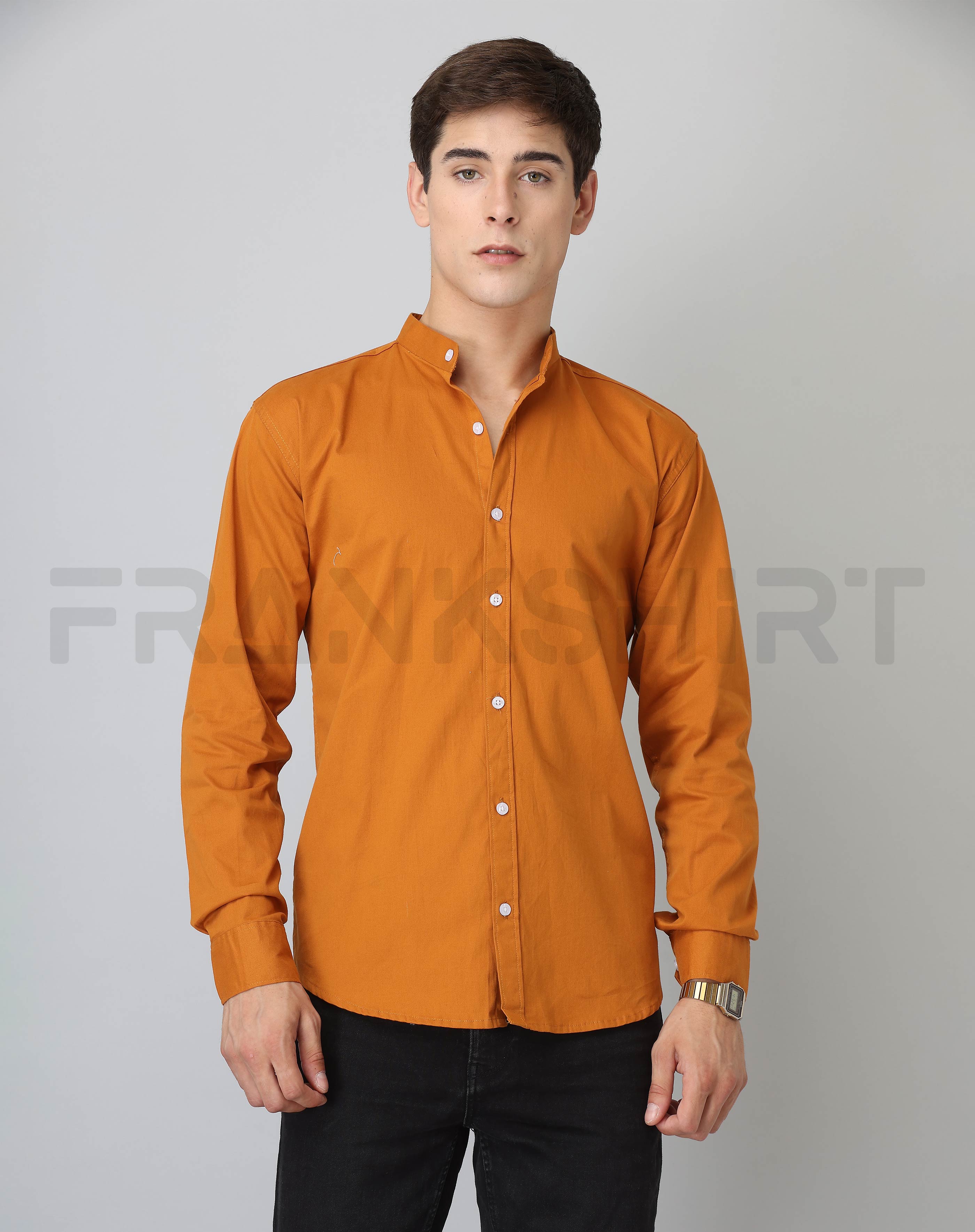 BlackTree Frankshirt Chinese Collar Mustard Tailored Fit Cotton Casual Shirt for Man - view 3