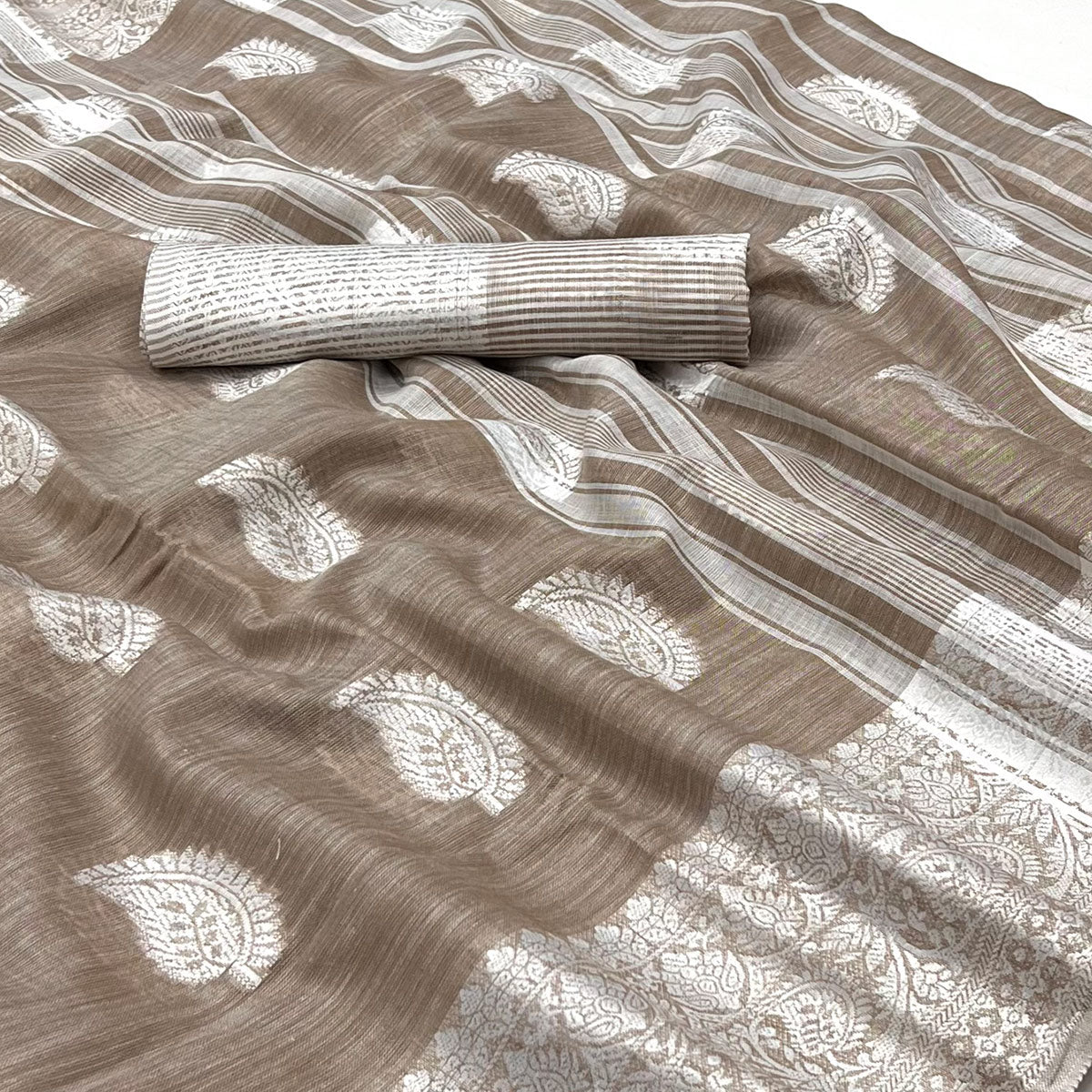 Peachmode Brown Woven Linen Saree – Women's - view 2