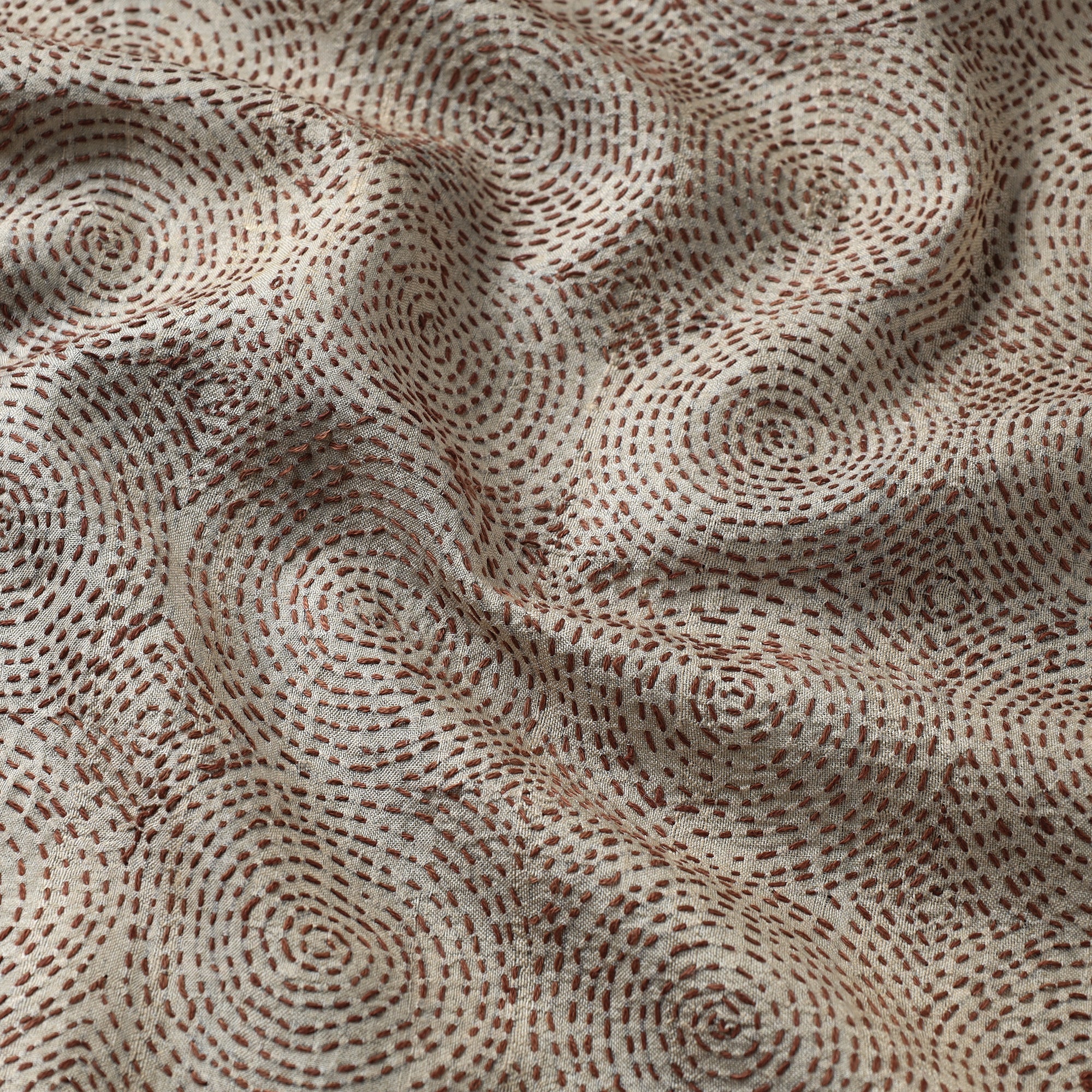 KHUSHBASH - HAPPY LOOM OF EAST Beige - Bengal Kantha Work Pure Tussar Silk Handloom Fabric - view 4