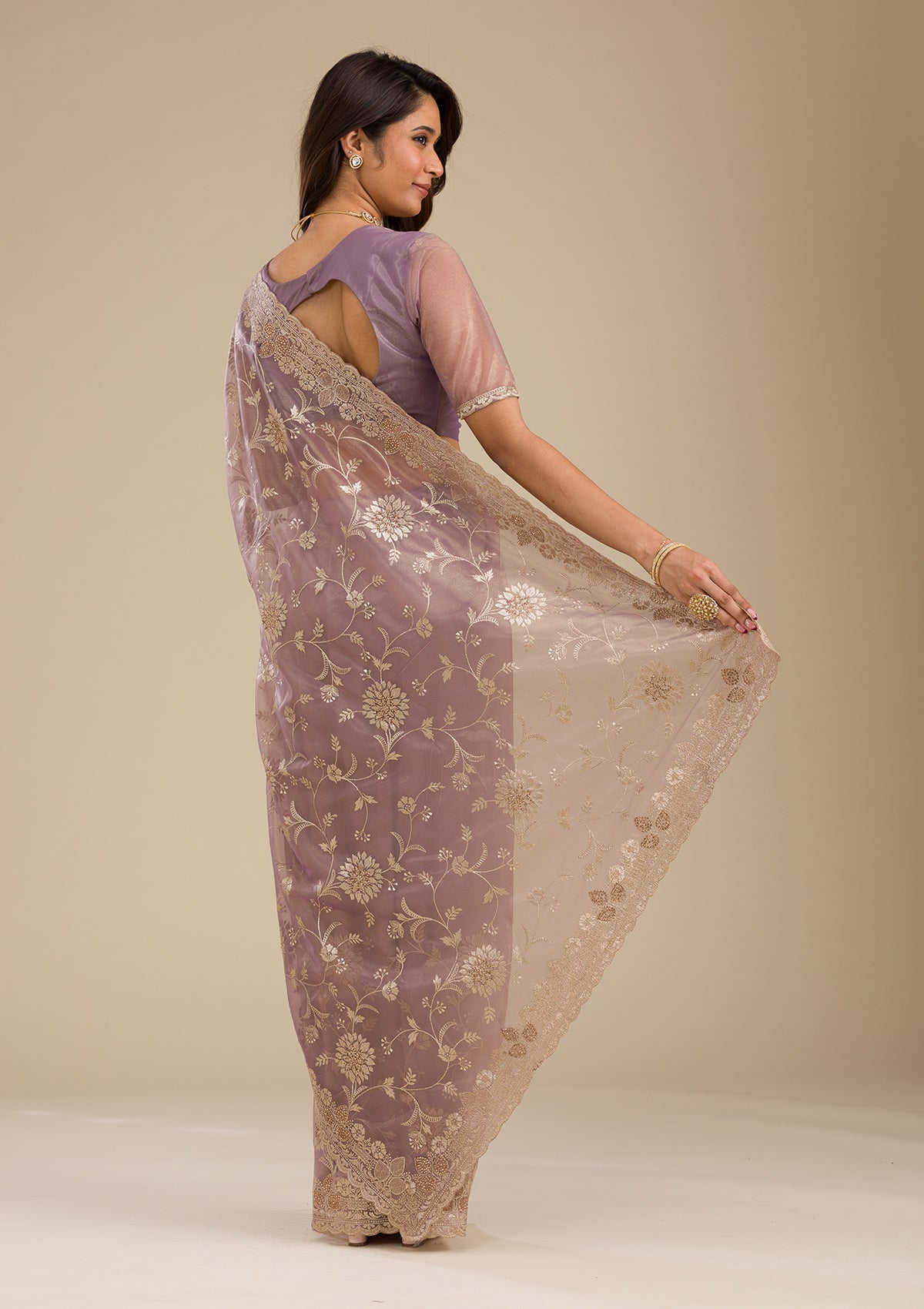 Koskii Light Brown Zariwork Tissue Saree – Women's - view 2