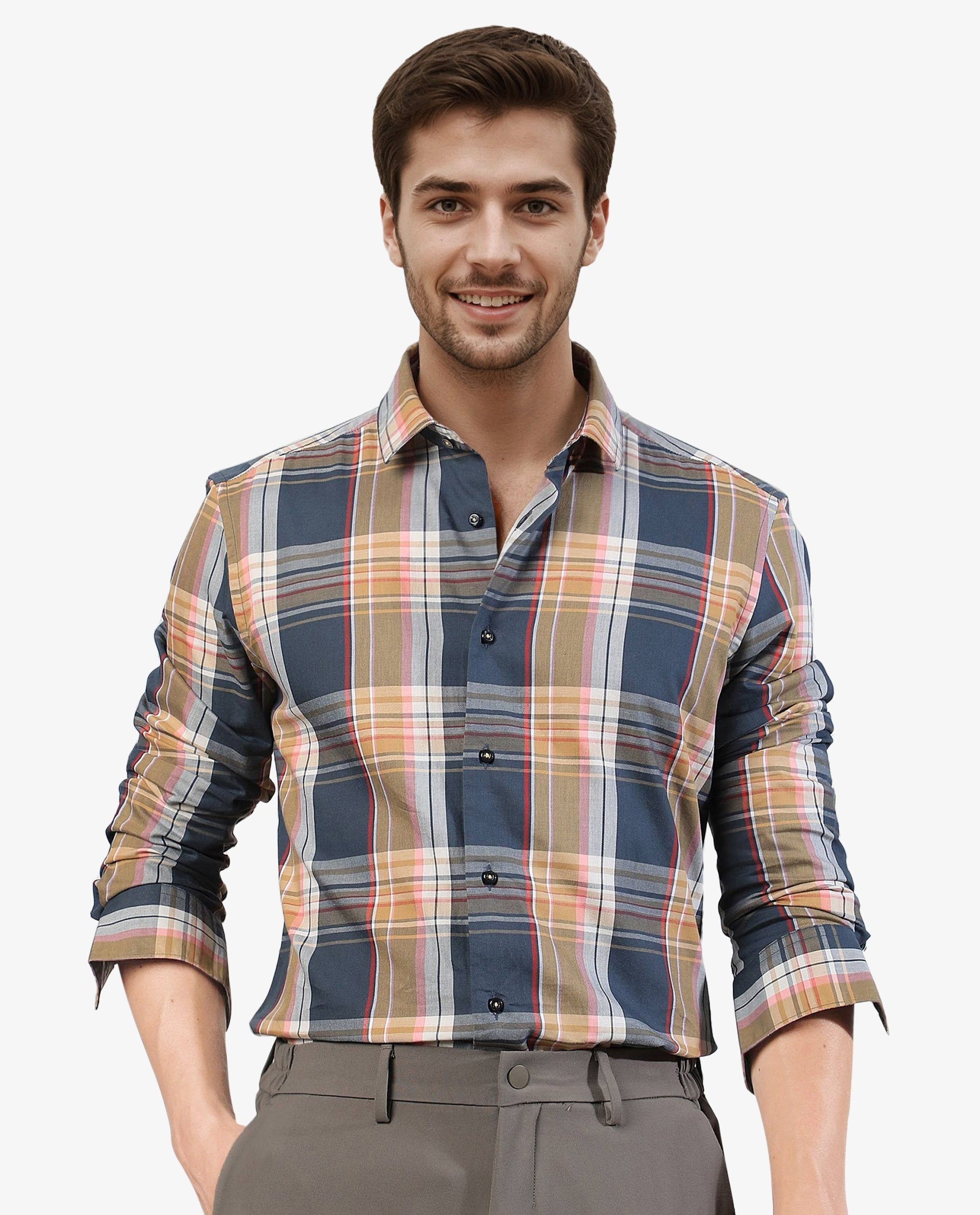 Rare Rabbit Men's Assis Olive Cotton Fabric Full Sleeves Checks Shirt