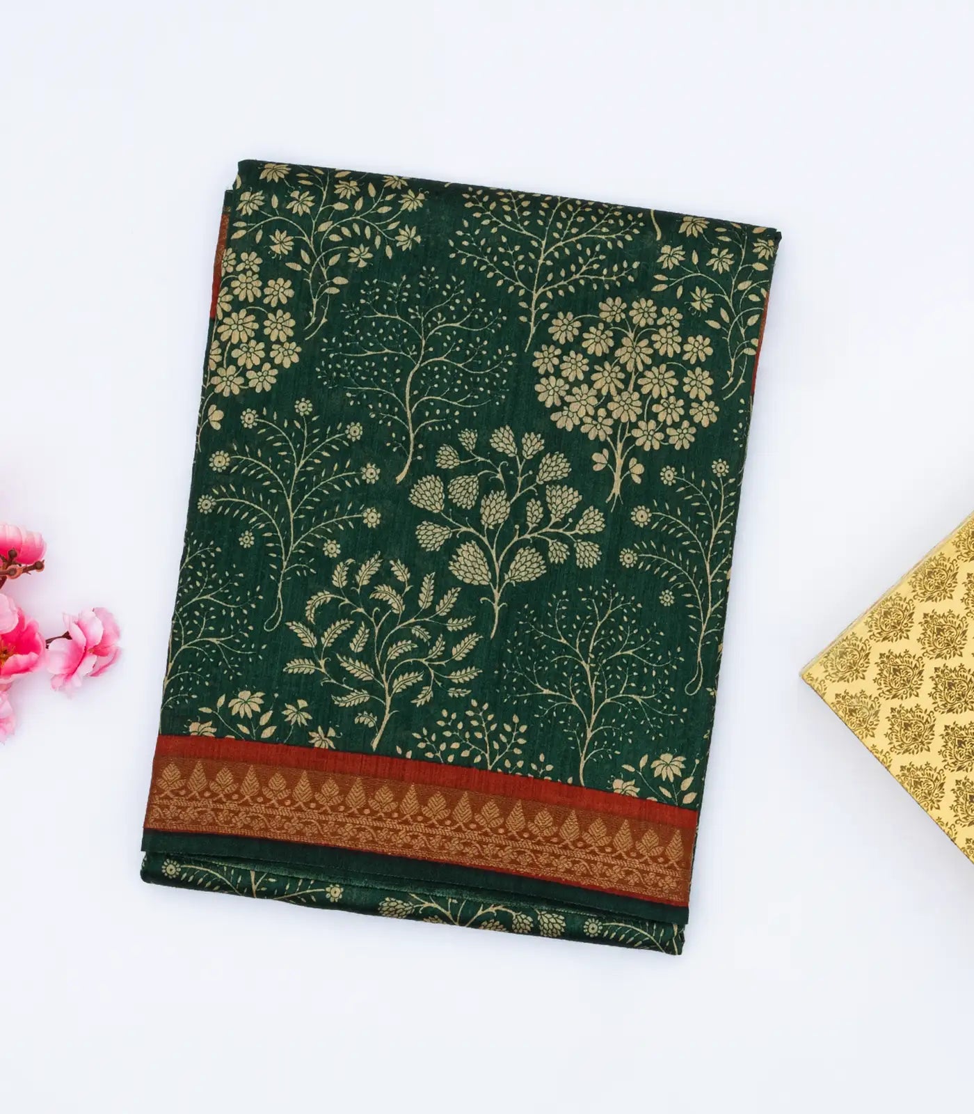 RmKV Bottle Green Tussar Silk Saree Is Printed With Tree Motifs