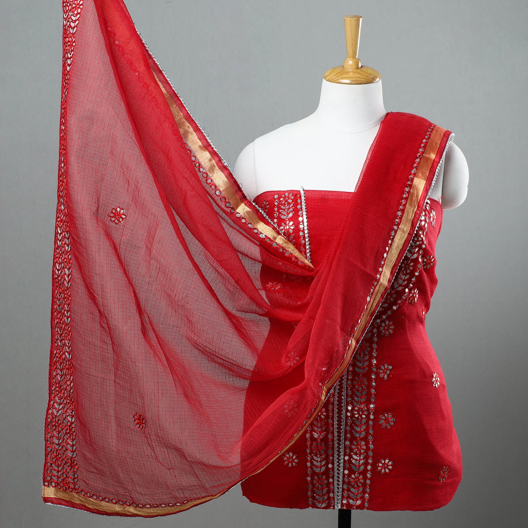 ITOKRI CRAFTS INITIATIVE Red - 3pc Kota Doria Cotton Gota Patti Work Suit Material Set 07