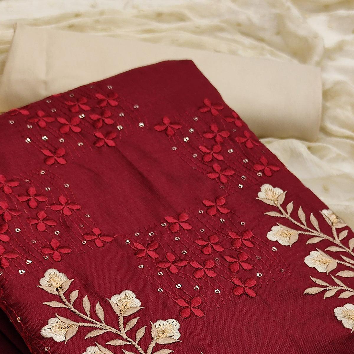 Peachmode Maroon Floral Embroidered Pure Cotton Dress Material - view 2