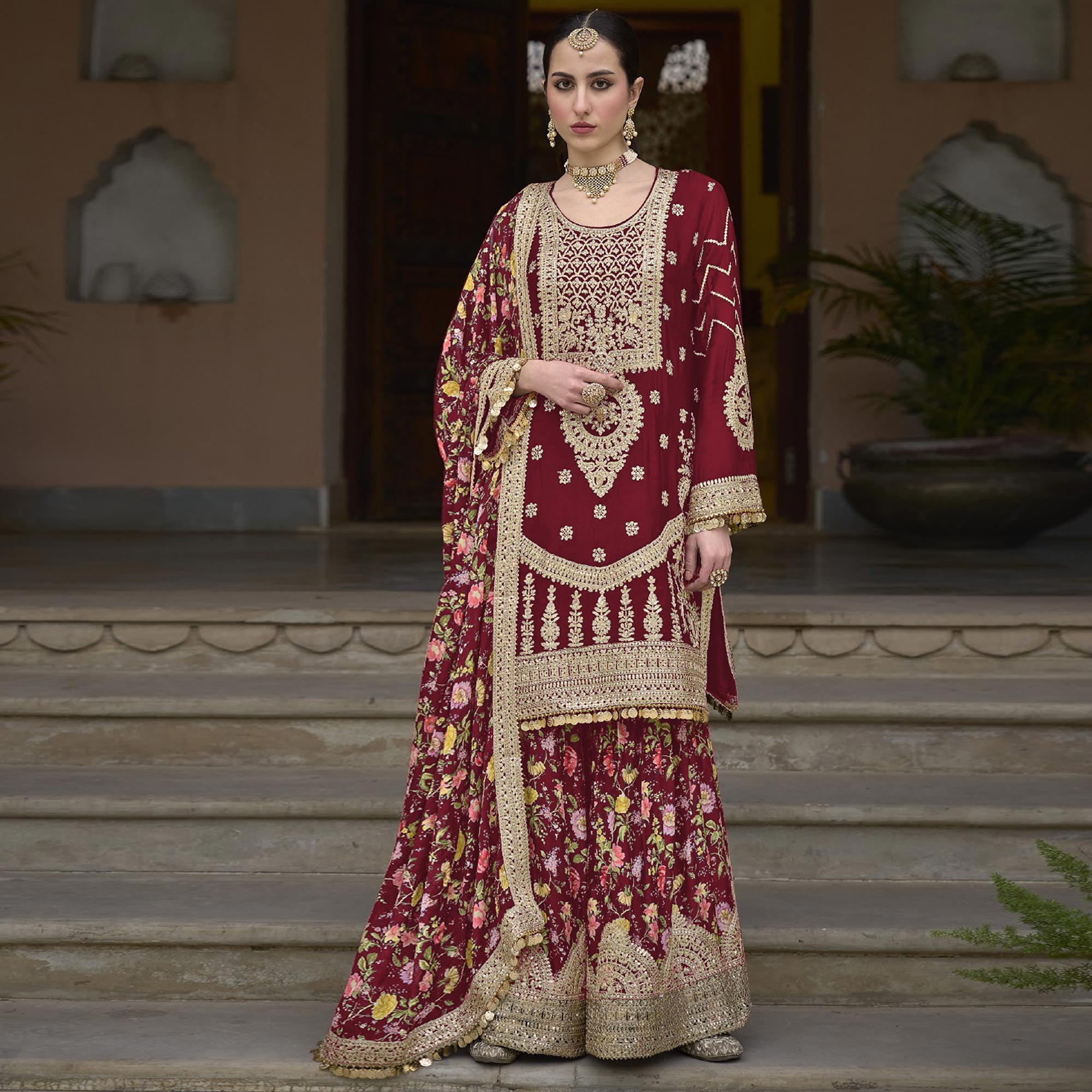 Peachmode Seller Maroon Floral Sequins Embroidered Chinon Salwar Suit - view 2