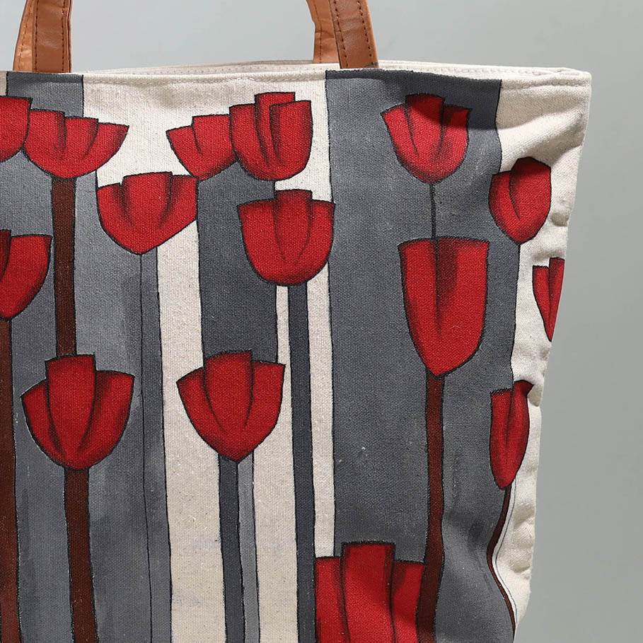 KHUSHBASH - HAPPY LOOM OF EAST Beige - Red Flower - Handpainted Canvas Cotton Shoulder Bag 01 - view 3