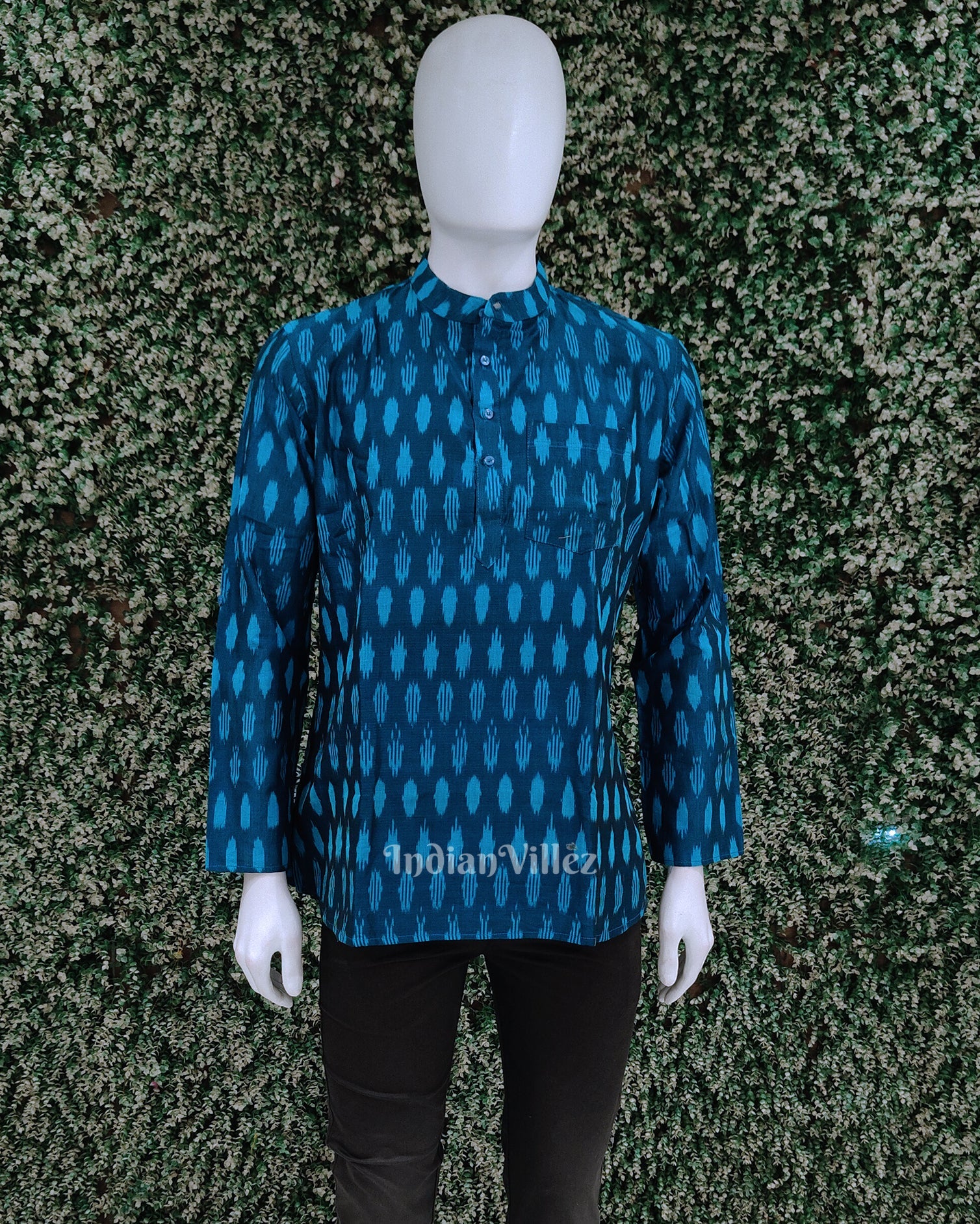IndianVillèz Cyan Blue Handwoven Pochampally Ikat Cotton Kurta for Men