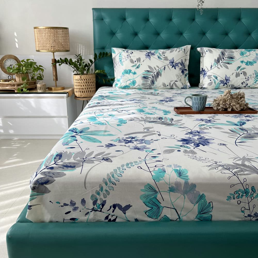 Urban Space -Home Furnishing Store Cotton Bedsheet + AC Blanket Combo Pack - (Combo 19 - Floral feast Torquoise Blue and Grey + Tokyo) - view 2